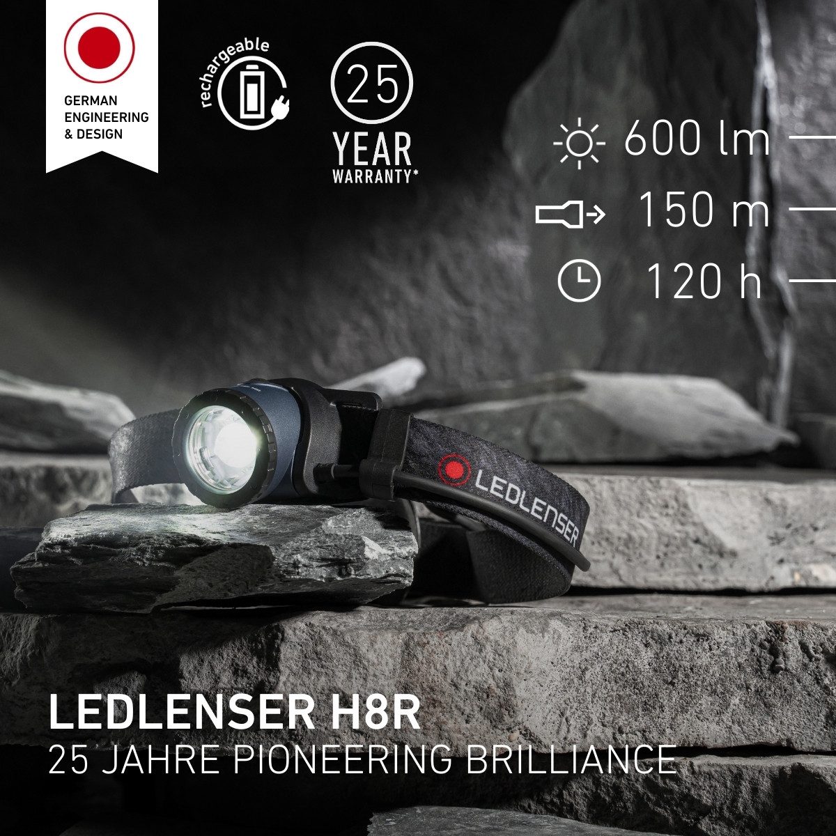 Ledlenser LED Stirnlampe H8R 25th Anniversary Edition, dunkelblau, inkl. 2x Akkus, bis 600 lm, 150m Leuchtweite, 120Std. Laufzeit, IP54