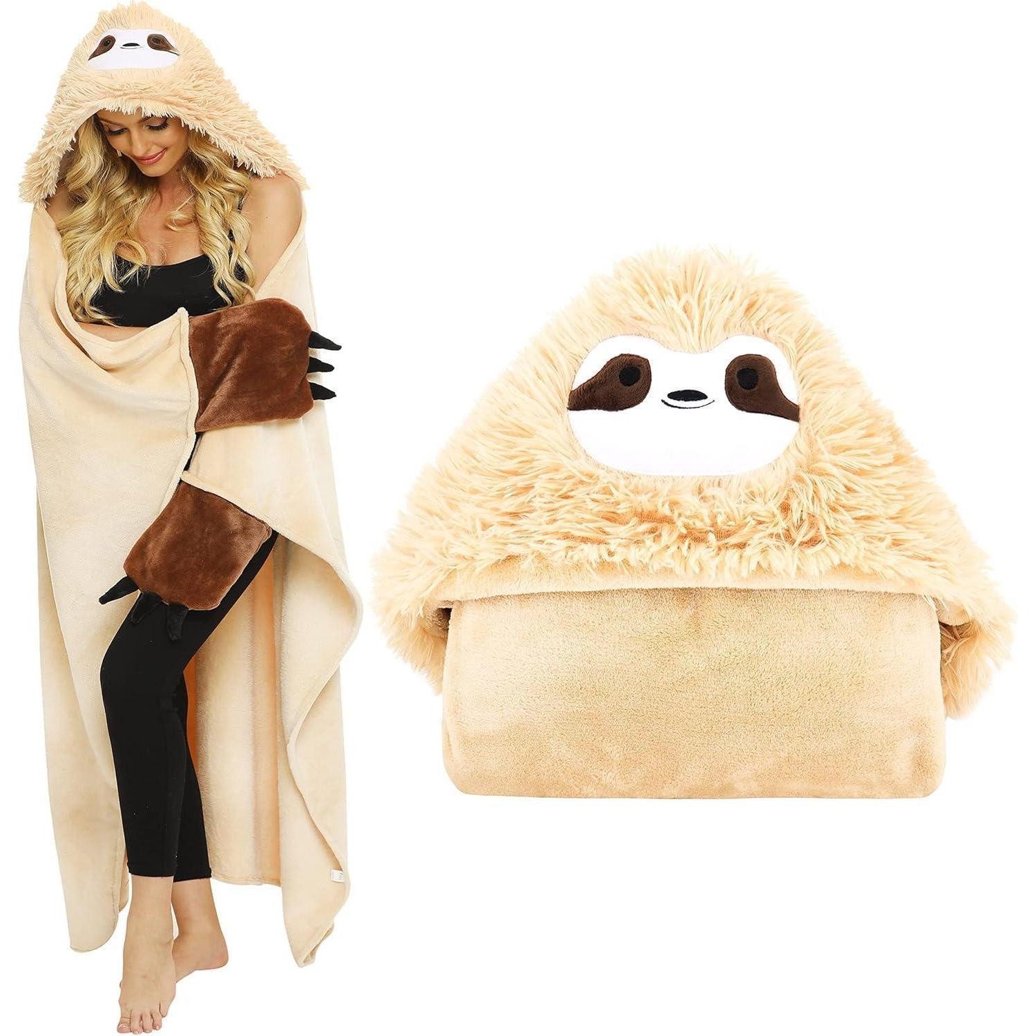Wohndecke Kuscheldecke mit Kapuze Faultier flauschig Geschenk für Frauen, LuxusKollektion