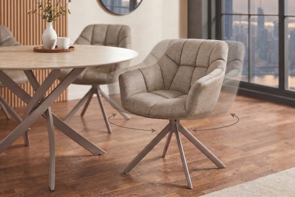 riess-ambiente Polsterstuhl PAPILLON beige/greige - Samt, Metall, mit Armlehne, drehbar, modern (Einzelartikel, 1 St), mit 180° Drehfunktion und Autoreturn – ideal für elegante Esszimmer