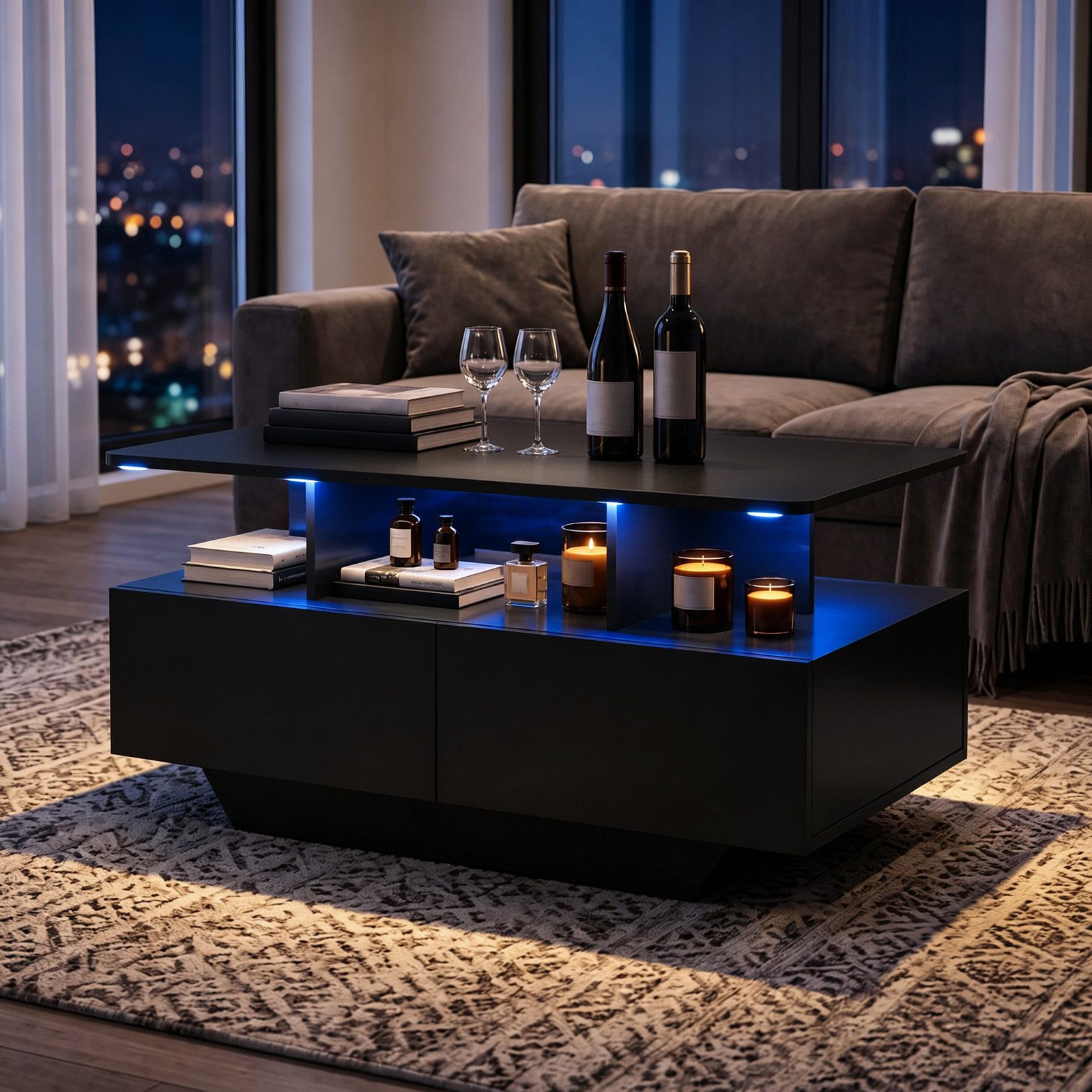 COSTWAY Couchtisch mit LED-Beleuchtung, Wohnzimmertisch mit 4 Schubladen & offener Ablage
