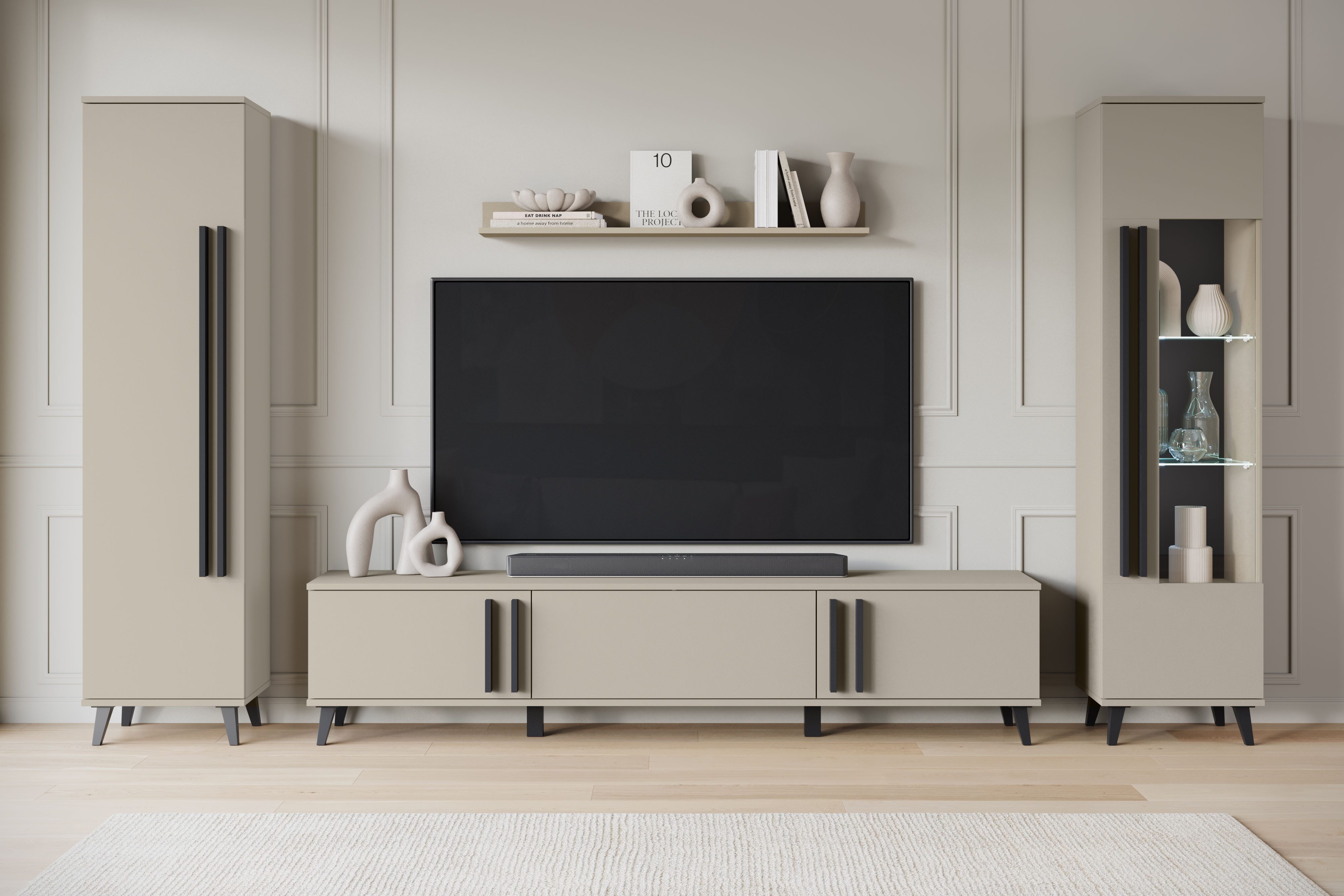 Home affaire Wohnwand Helsinki, Modernes Set mit verglaster Vitrine, (Komplett-Set, 4-St), mit lamellengriffen, verstellbaren Einlegeböden und Kunststofffüßen