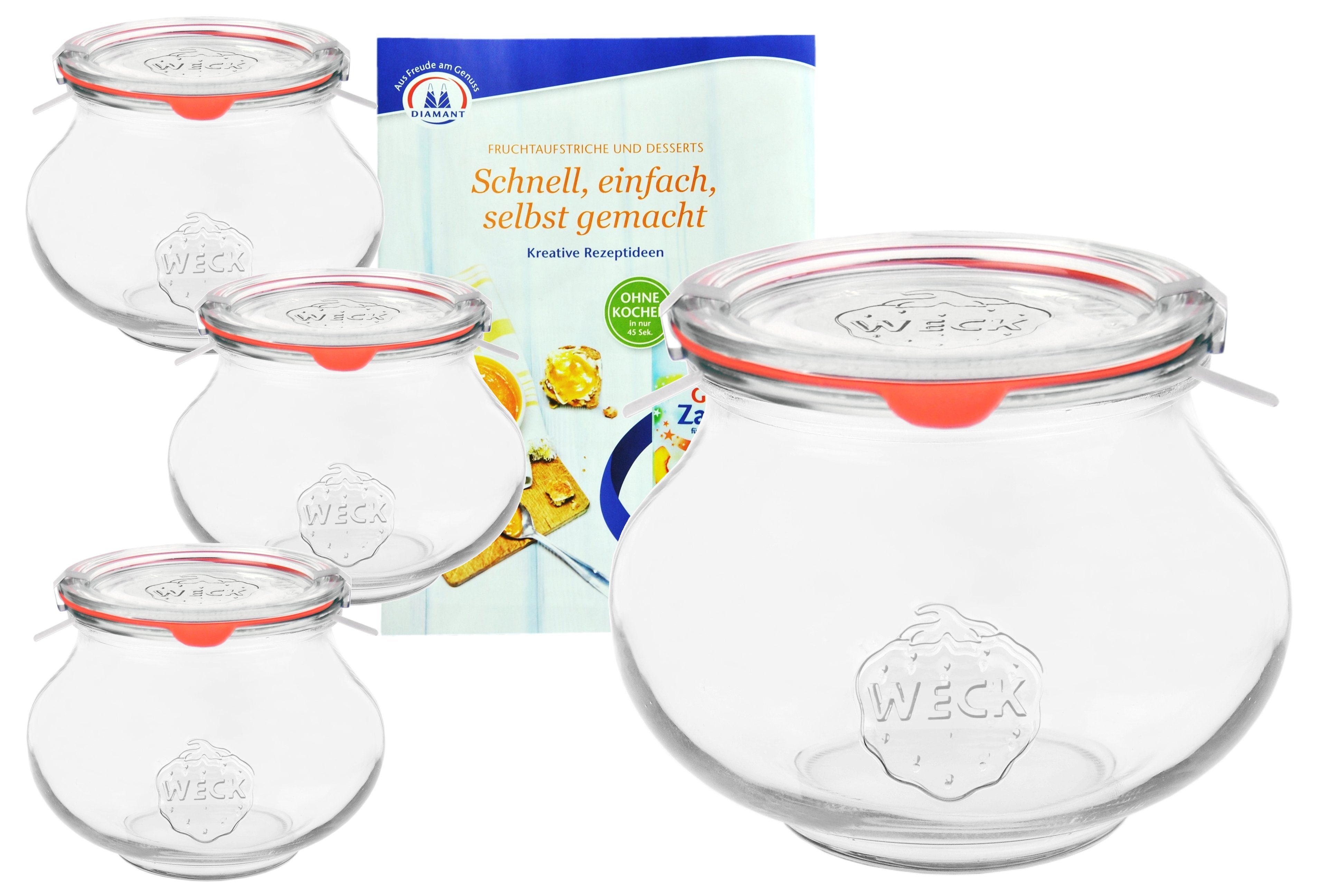 MamboCat Einmachglas 4er Set Weck Gläser 1062ml Schmuckgläser Deckel Einkochring Klammer, Glas