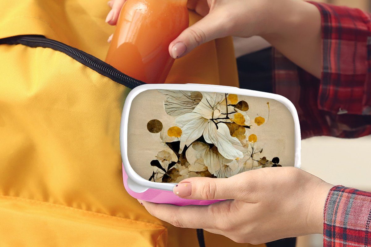 MuchoWow Lunchbox Blumen Mädchen, rosa Erwachsene, Brotdose - Pflanzen für (2-tlg), Kinder, Snackbox, Brotbox Gold - Kunststoff, Kunststoff - Vintage