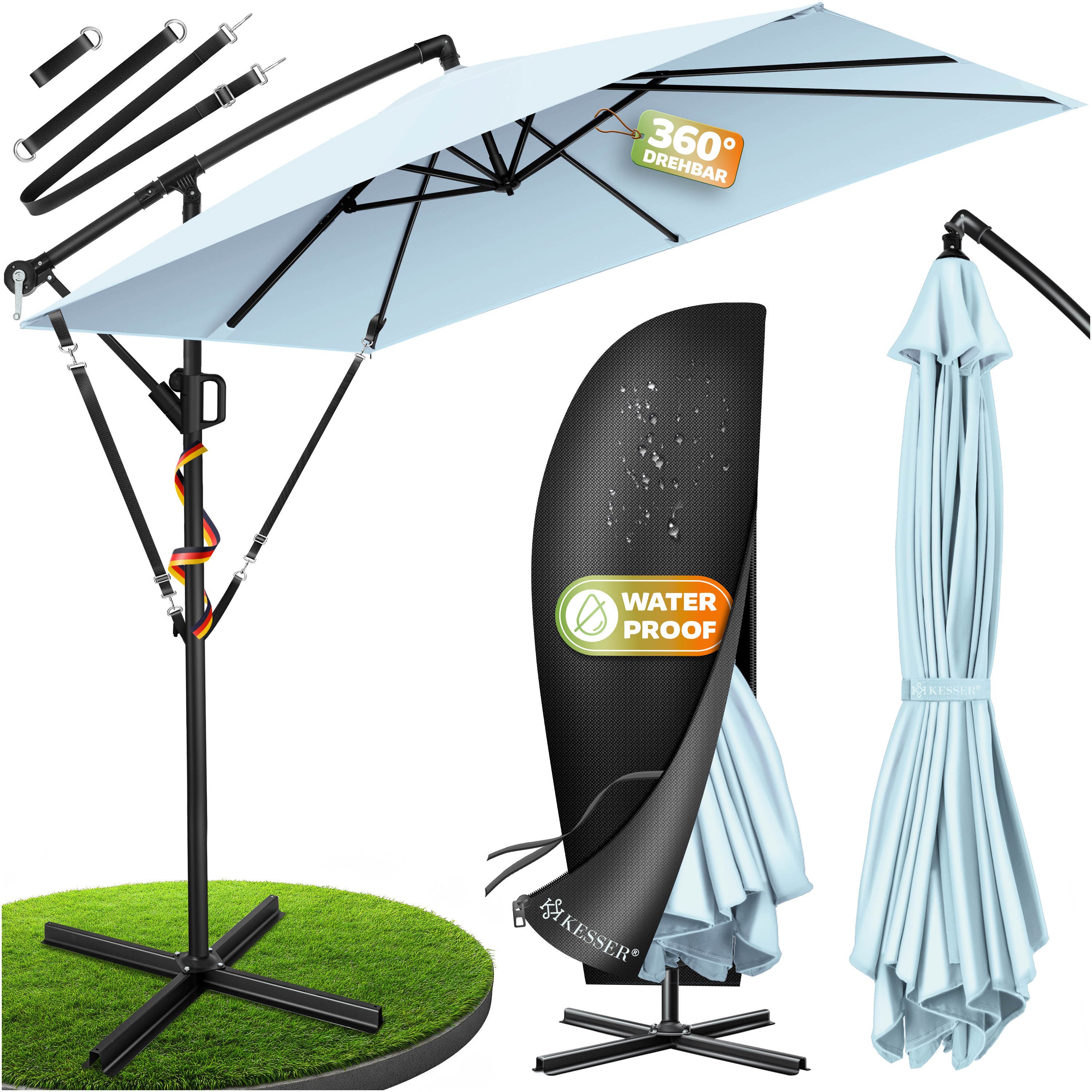 KESSER Ampelschirm, Ø350cm Sonnenschirm inkl. Abdeckung & Windsicherung, wetterfest