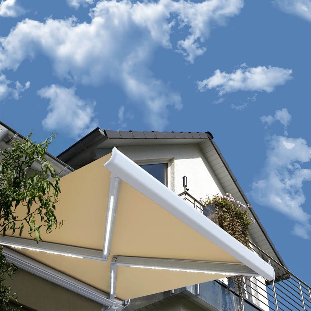 HOME DELUXE Gelenkarmmarkise LED Vollkassettenmarkise elektrisch Inkl. Aluminiumrahmen, Windsensor / Sonnensensor, Markise