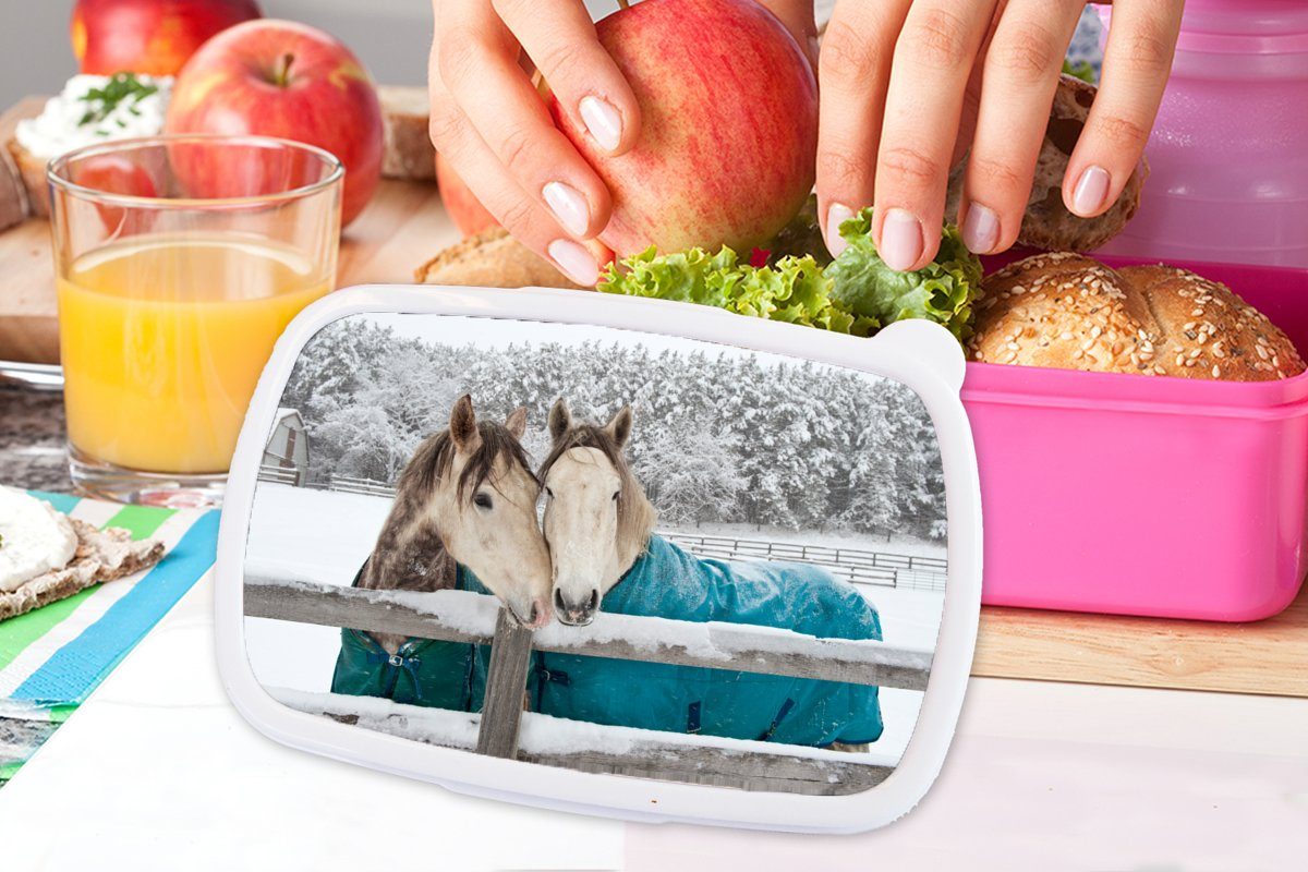 Lunchbox (2-tlg), Kinder, rosa - MuchoWow Brotdose Decke Snackbox, für Pferde Brotbox Schnee, Kunststoff Kunststoff, Erwachsene, - Mädchen,