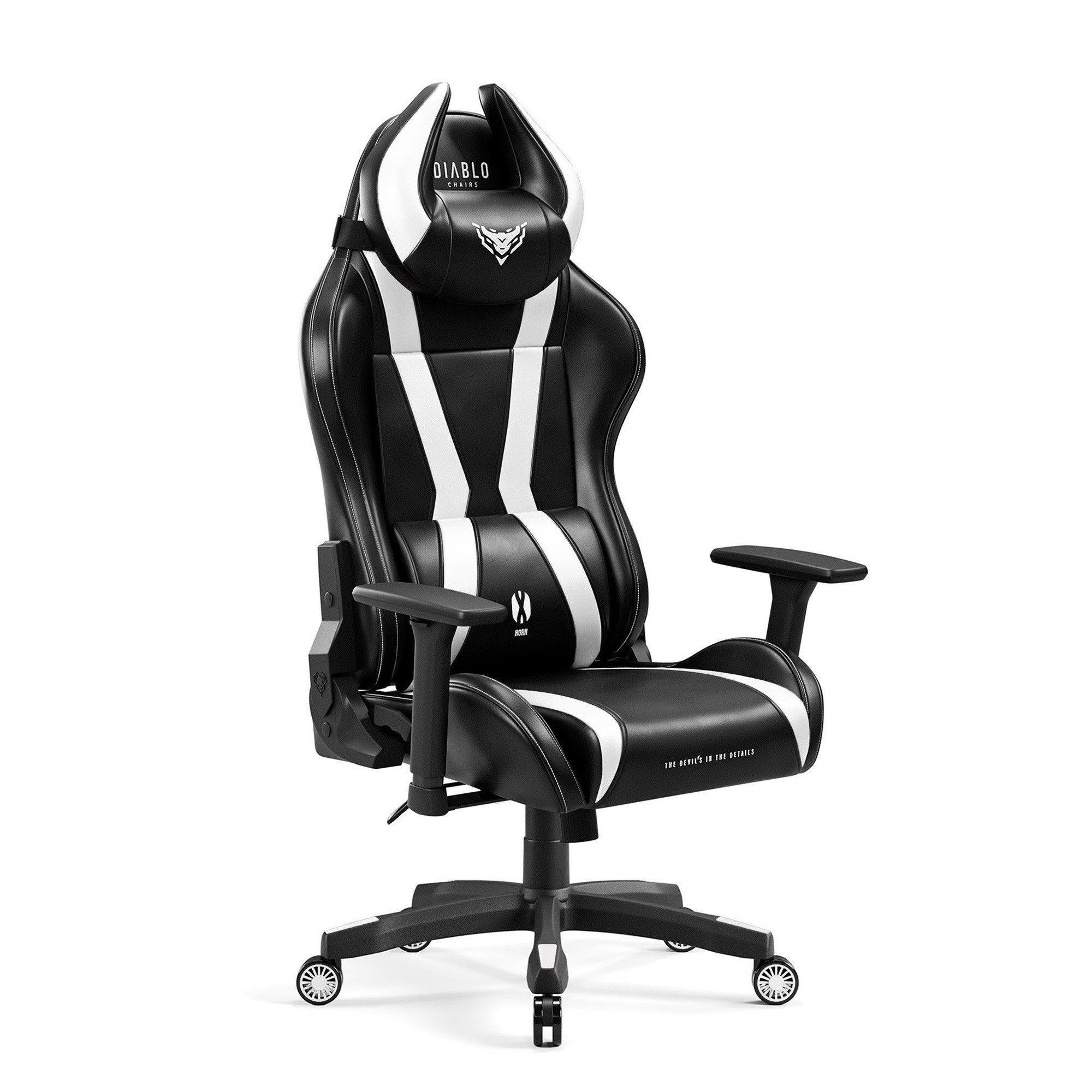 DIABLO CHAIRS Gaming-Stuhl X-Horn 2.0 HDS Kunstleder ergonomisch 3D-Armlehnen Kopfstütze (3D-Armlehnen, Memory-Schaum, HDS Kunstleder, Normal L King XL), Lendenkissen Wippfunktion 160° Metallbasis 2 Größen