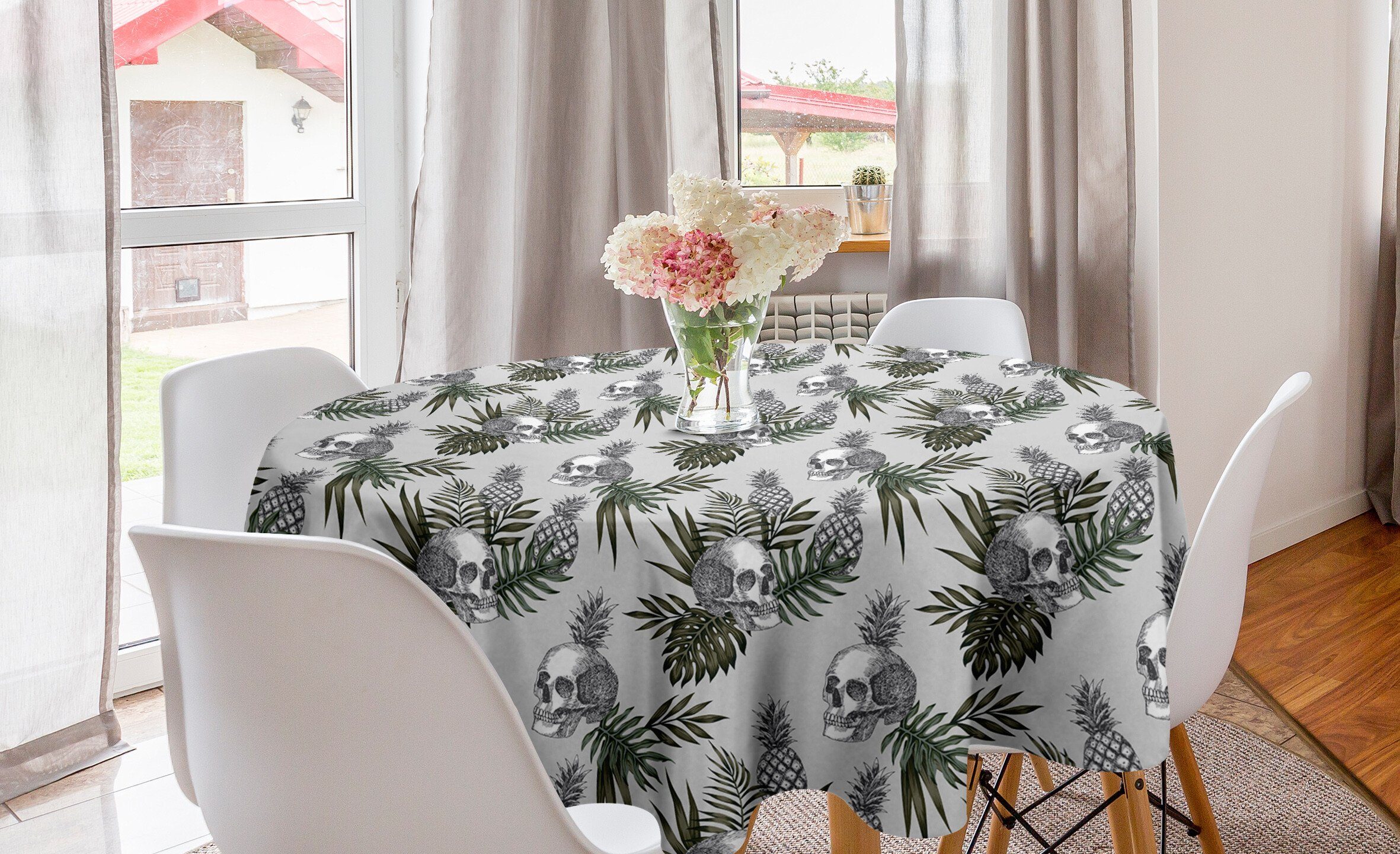 Abakuhaus Tropic Gothic Esszimmer Artikel Tischdecke Kreis für Tischdecke Abdeckung Dekoration, Küche Blätter auf Schädel