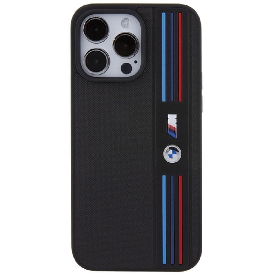 BMW Handyhülle iPhone 15 Pro Tricolor Kunststoff schwarz Logo Metall 6,1 Zoll, Kantenschutz
