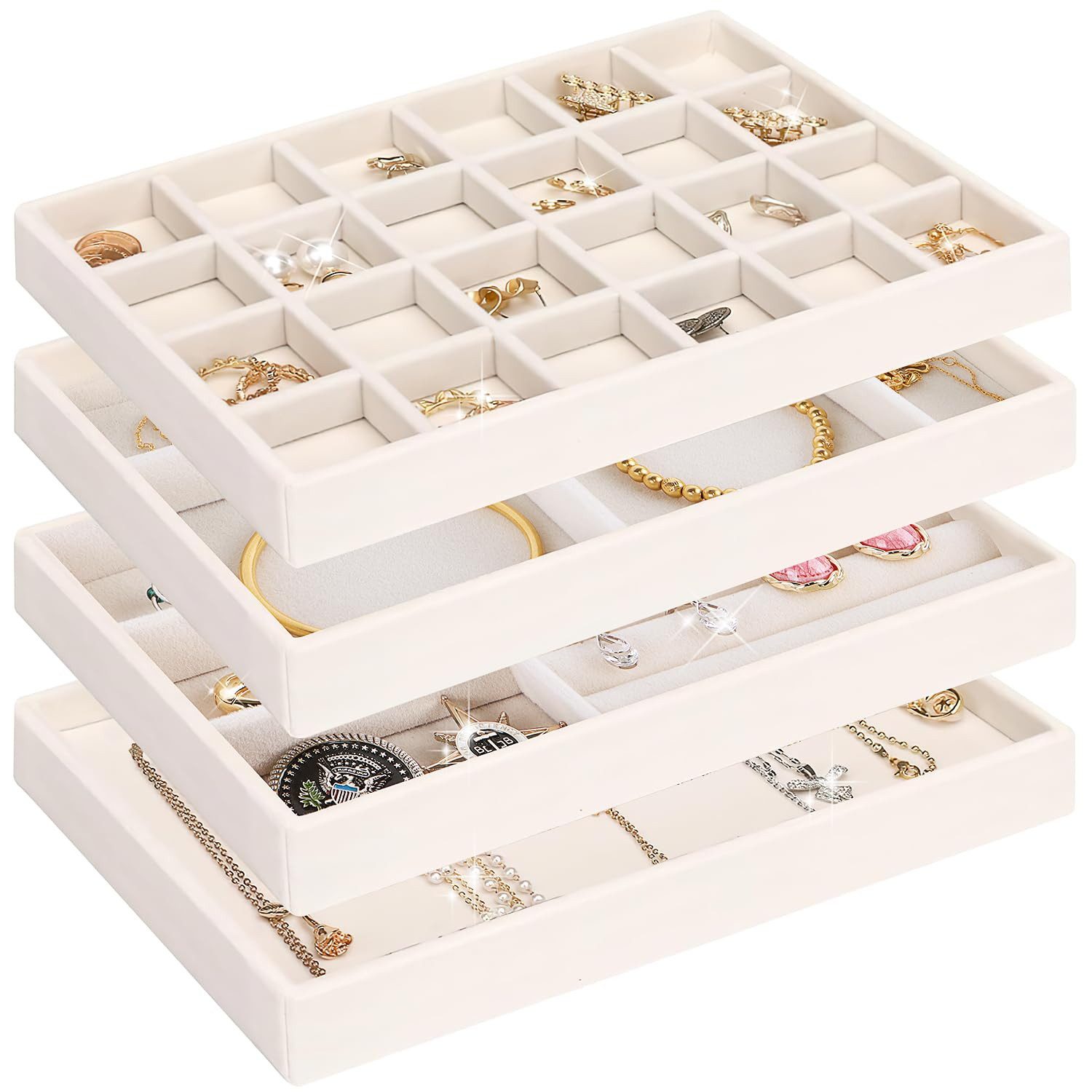 FOUORTUNATE-BEE Schubladeneinsatz Schmucktablett 4er-Set, Schmuck Organizer für Schubladen und Kommode, Schmuckeinsätze für Schubladen, für Ringe, Ohrringe und Armbänder