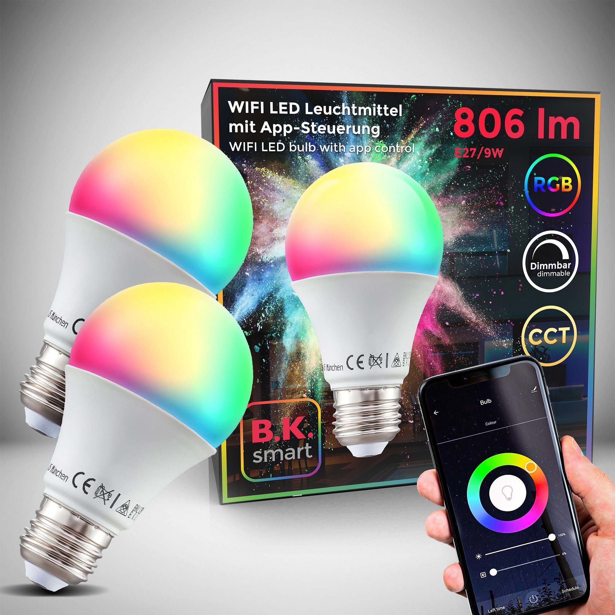 St., Smart Home B.K.Licht LED-Lampe, E27, LED-Leuchtmittel, dimmbar WiFi, Warmweiß, RGB, App-Steuerung, 2