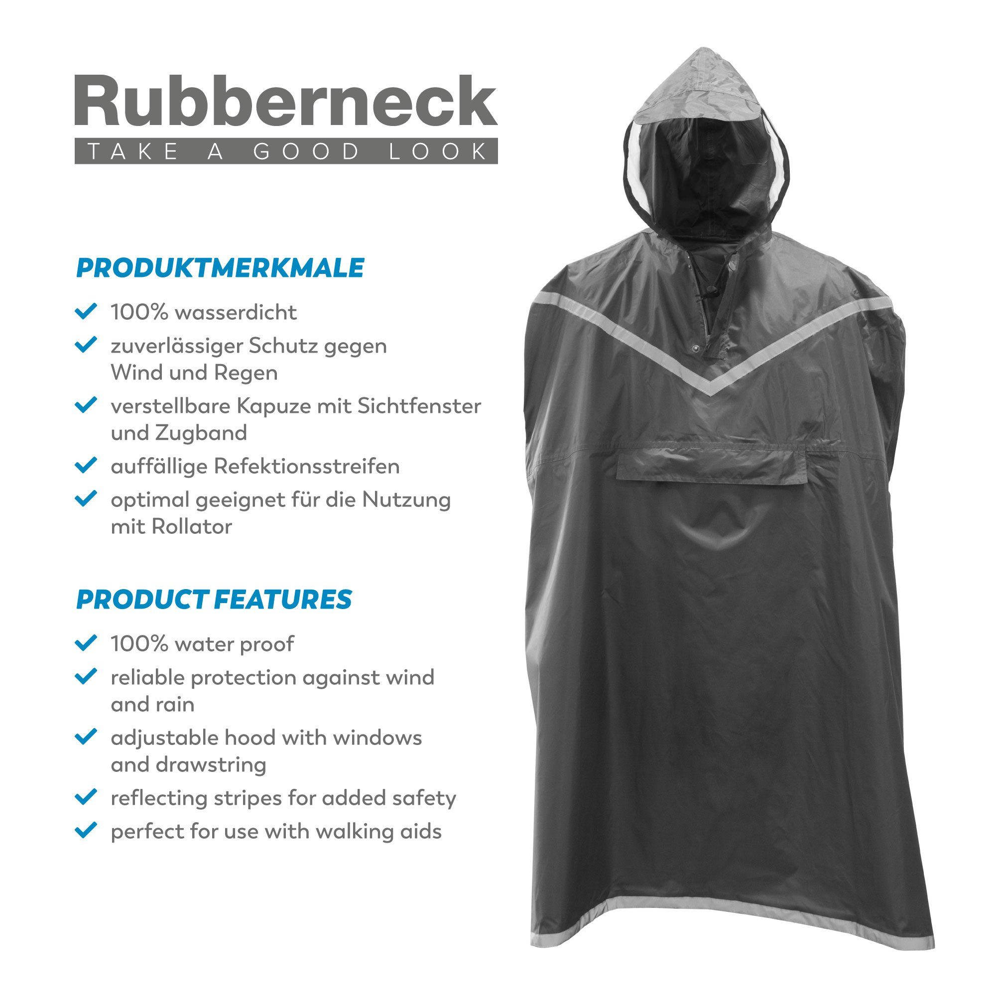 grau, mit Sichtfenster, Kapuze, L-XXL Regenponcho Reklektionsstreifen, Regenponcho RUBBERNECK