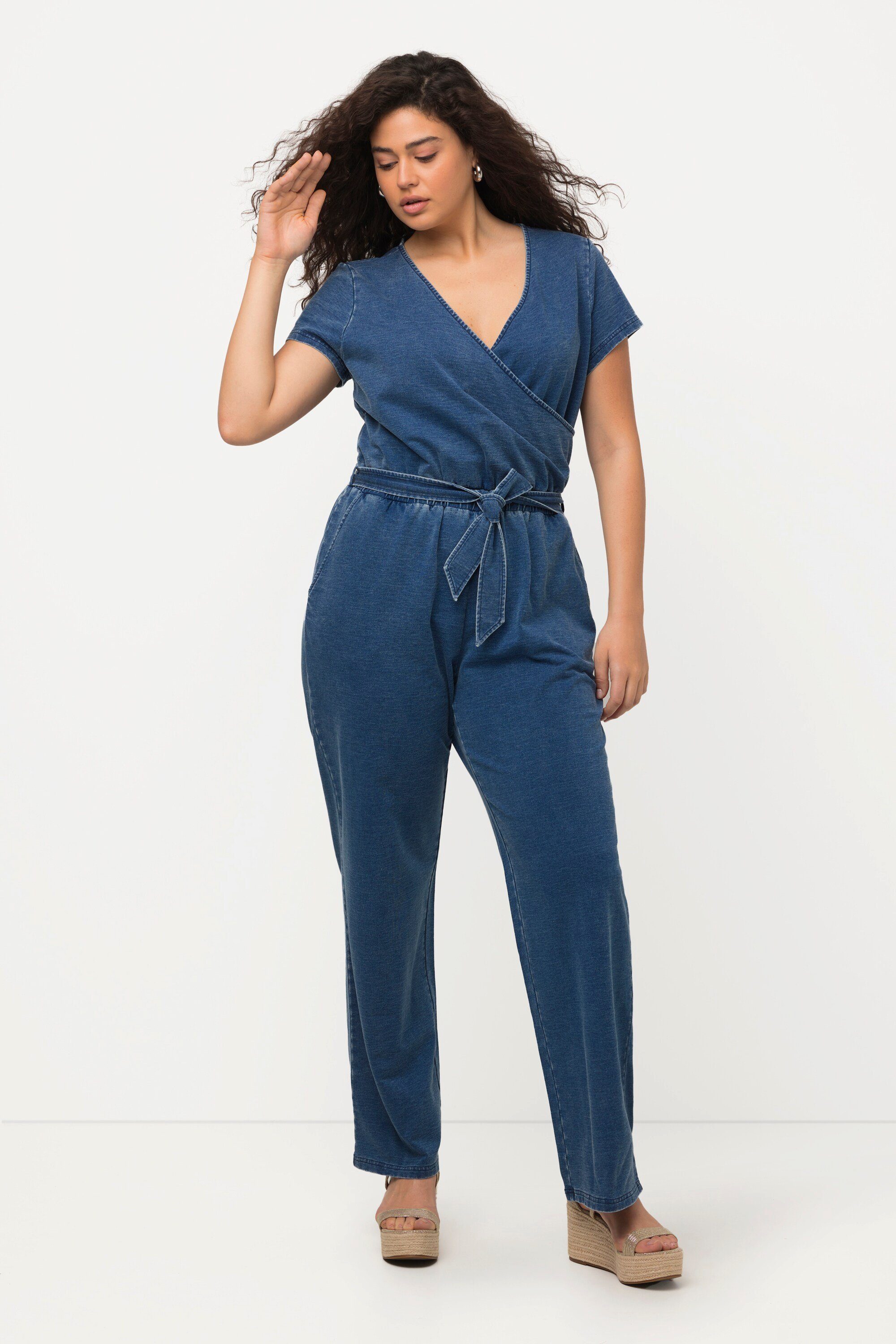 Ulla Popken Culotte Jeans-Jumpsuit weites Bein V-Ausschnitt Halbarm