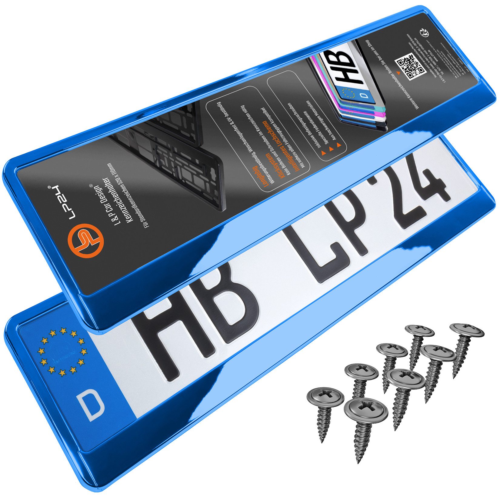 L & P Car Design Kennzeichenhalter für Auto in Blau-Chrom Kennzeichenhalterung, (2 Stück)