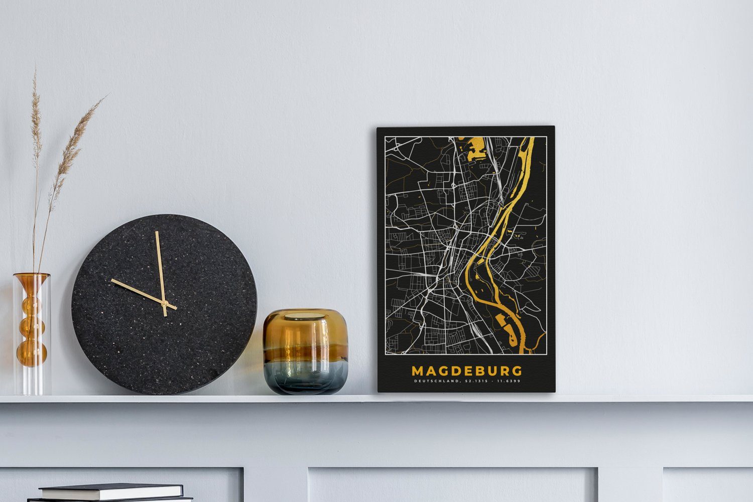 OneMillionCanvasses® Leinwandbild Madgeburg - Gold Deutschland, Leinwandbild 20x30 St), - - Gemälde, - fertig inkl. Stadtplan cm Karte bespannt (1 Zackenaufhänger