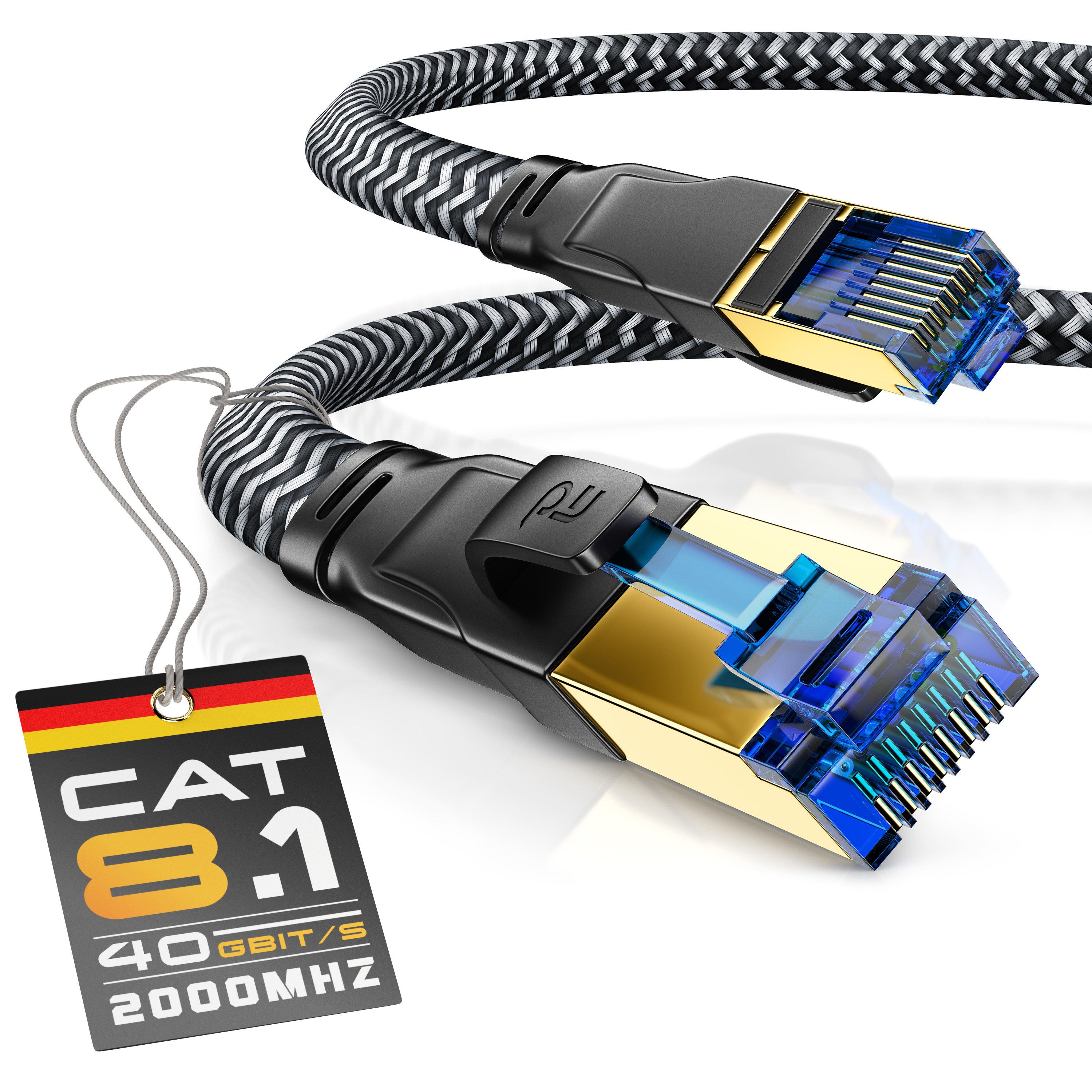 Primewire Patchkabel flach CAT 8, Baumwollmantel, Flachband Netzwerkkabel - 1m LAN-Kabel, CAT.8, RJ-45 (Ethernet) (100 cm), für Router, Modem, Switch, PC, ideal für Gaming, Streaming, Homeoffice von Primewire