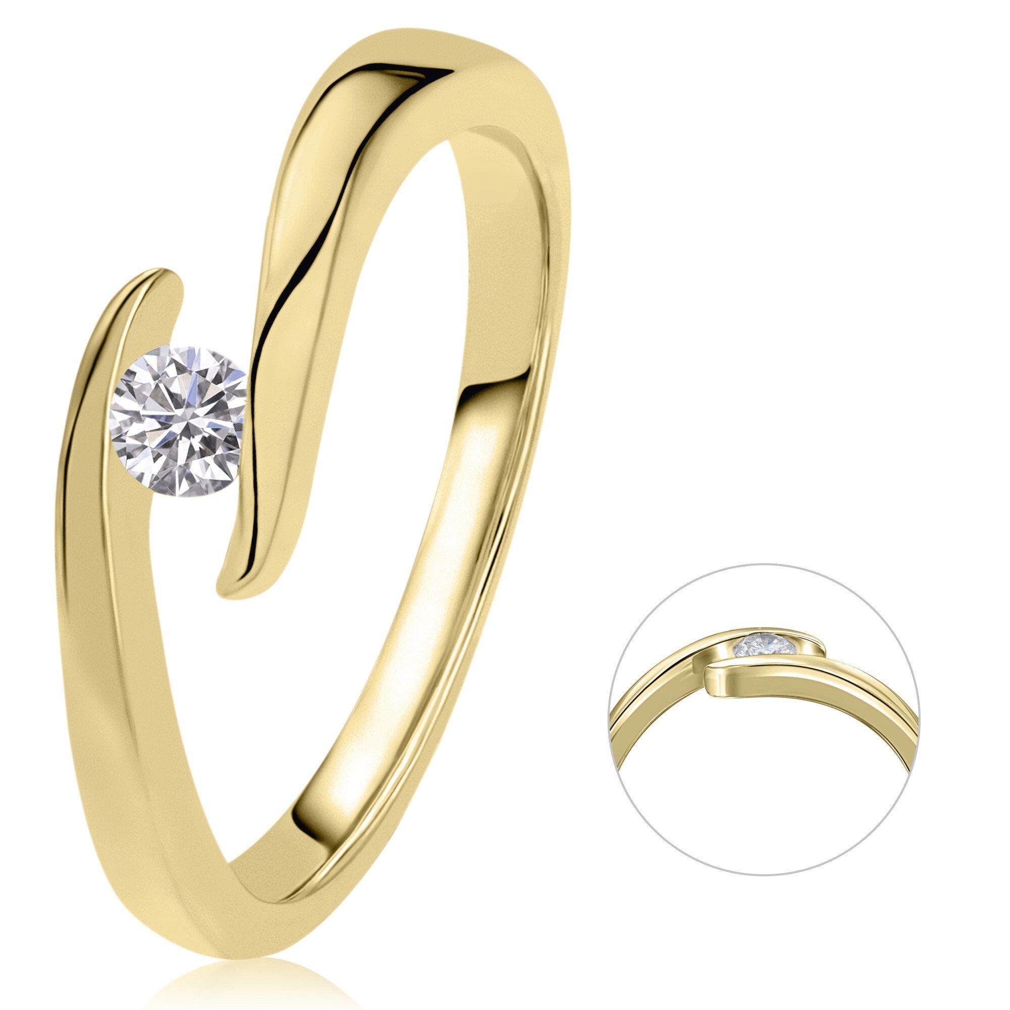 Diamantring Damen 585 aus Spannfassung Schmuck 0,15 ct Ring Brillant Gelbgold, ELEMENT Gold Diamant Spannfassung ONE