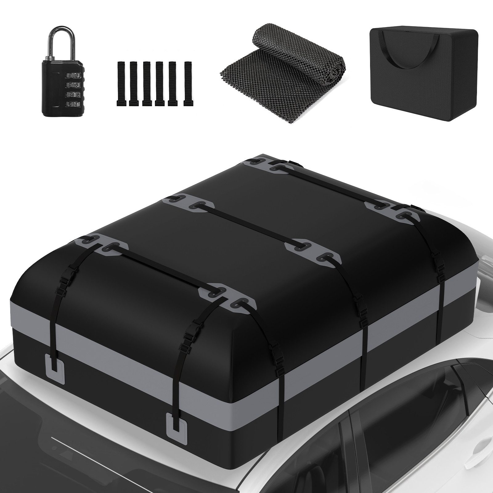 Puluomis Dachbox Auto 600L Faltbare Wasserdicht, mit 6 Türhaken, 8 verstärkten Riemen, (Dachtasche Dachgepäcktasche Dachkoffer Aufbewahrungsbox), für Autos mit/ohne Gepäckträger, Vans, SUVs