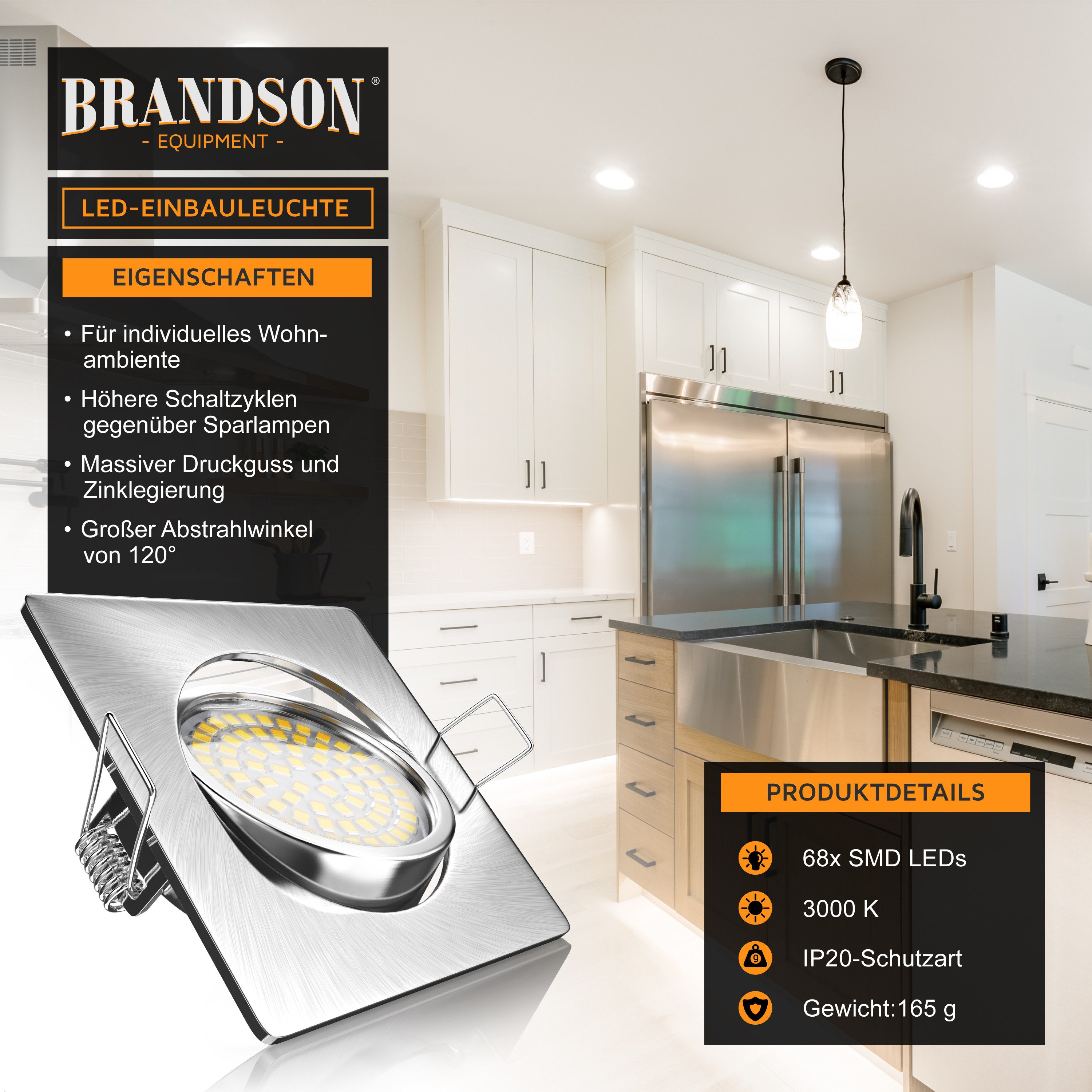 Brandson LED Einbaustrahler schwenkbarer Deckenspot, Edelstahl Optik, 320 Lumen, Warmweiß, 3er Set, Ultra Flache Einbauleuchte, Slim Einbauspot, Deckenstrahler eckig