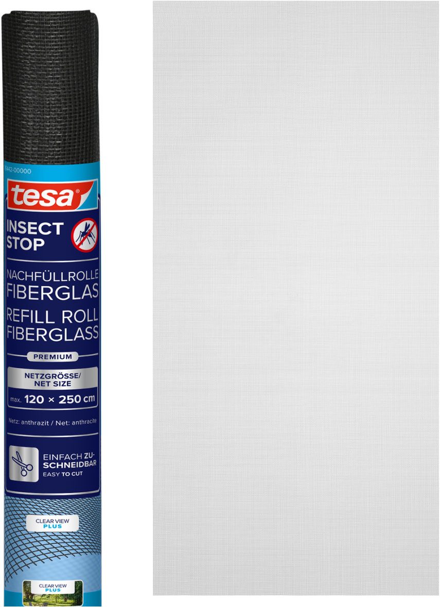 tesa Fliegengitter-Gewebe Nachfüllrolle Fiberglas Premium - Fliegengitter Ersatzrolle, (Packung, 1-St., Nachfüllrolle), INSECT STOP - 120x250cm, Anthrazit (Durchsichtig)