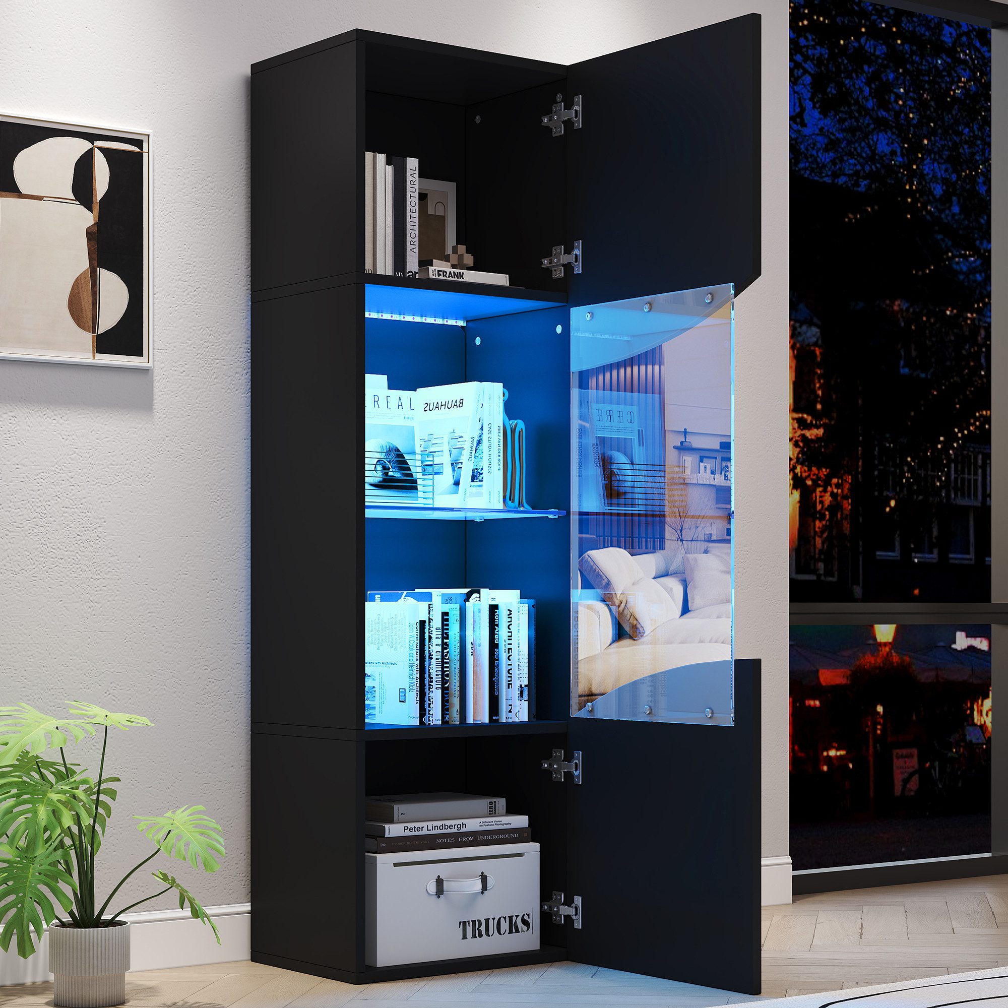 BlingBin Vitrine 35*50*165cm Vitrinenschrank mit LED-Beleuchtung,Hochglanz Hochschrank (1er Set, 1-St., Belastbarkeit: 40kg, Wellenoberflächengestaltung) Aufbewahrungsschrank mit Schranktüren für Wohnzimmer, Schwarz