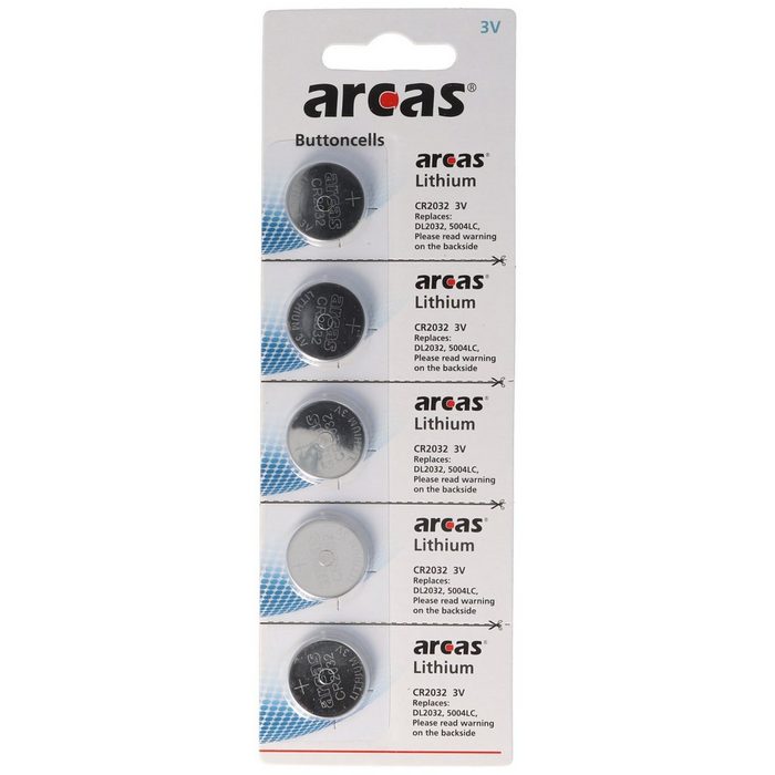 Arcas 5 Stück CR2032 Lithium Batterie Batterie (3 V) Geringe Selbstentladung