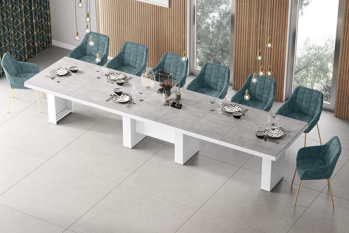designimpex Esstisch Design Esstisch Tisch HLA-111 Hochglanz XXL ausziehbar 160 bis 400 cm Beton / Weiß Hochglanz