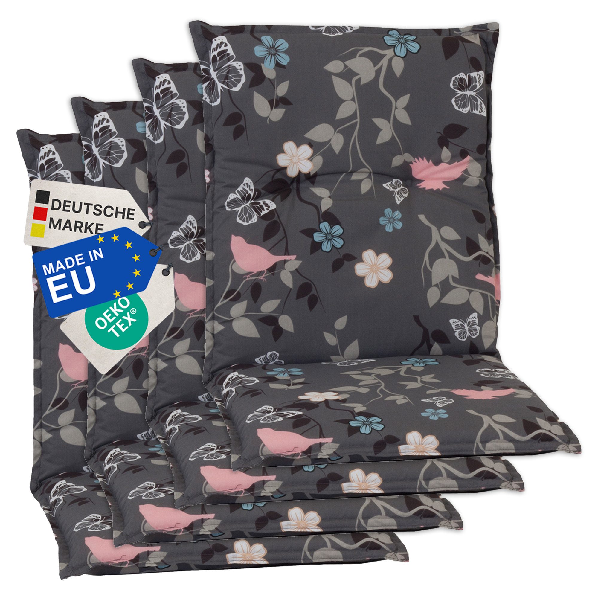 NYVI Sitzauflage Niedriglehner Auflagen 4er Set Barcelona Gartenstuhlauflagen 100x50cm, (4 St), Niederlehner Stuhlauflage Sitzauflage mit Halteband Blumen Floral