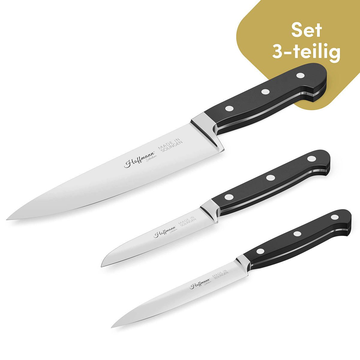 Hoffmann Germany Messer-Set Kochmesser 21 cm, Spickmesser & Gemüsemesser – Made in Solingen (Set, 3-tlg., 1x Chefmesser 21 cm + 1x Spickmesser 12 cm + 1x Gemüsemesser 9 cm), handgeschmiedet, X50CrMoV15, 58 HRC, 3-tlg. Küchenmesser