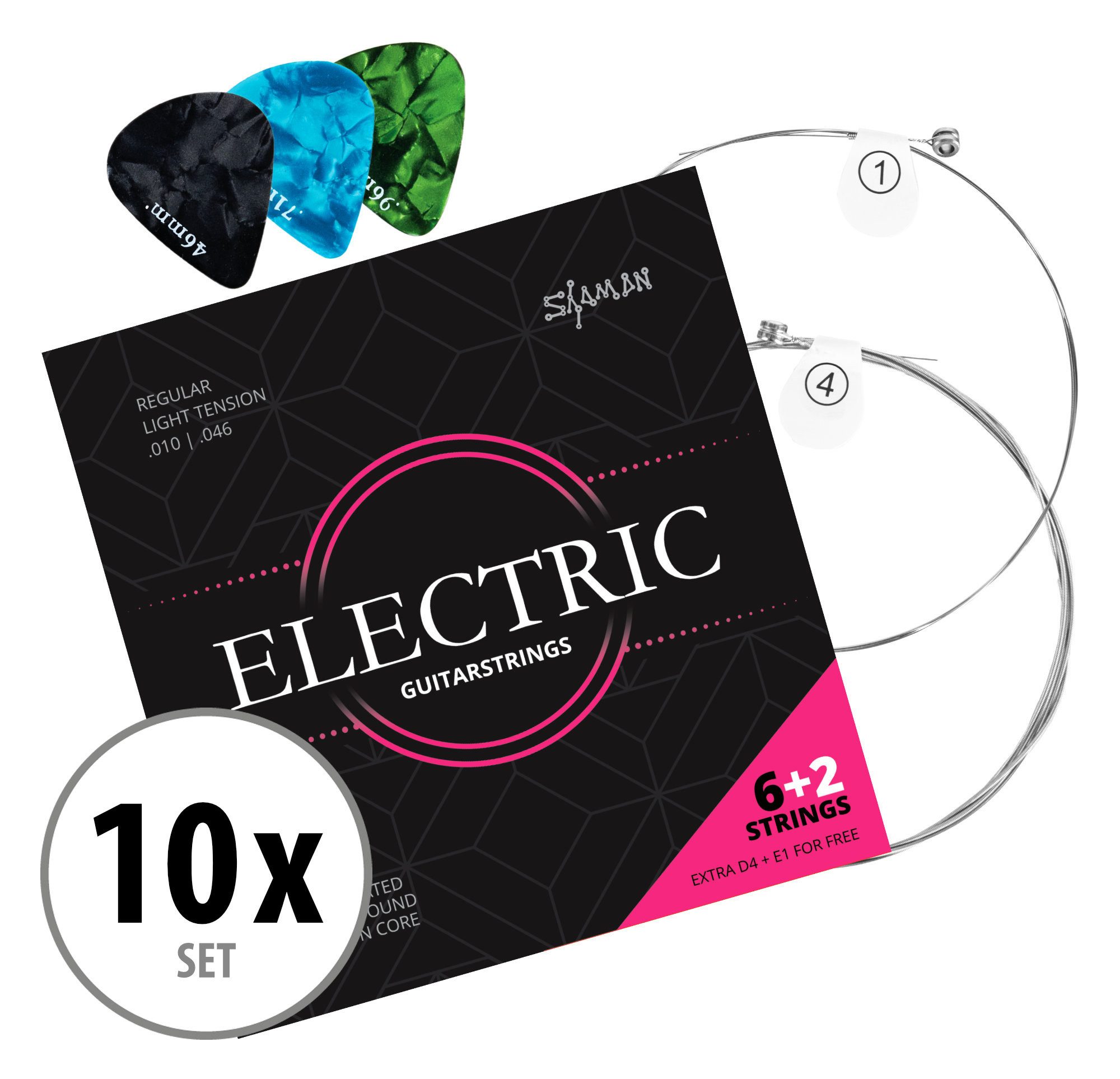 Shaman Saiten 10er-Set Electric E-Gitarren-Saiten Regular Light, (6+2 Saiten-Set, 10-tlg), Kompletter Satz plus 2 Ersatz-Saiten (E1 und D4)