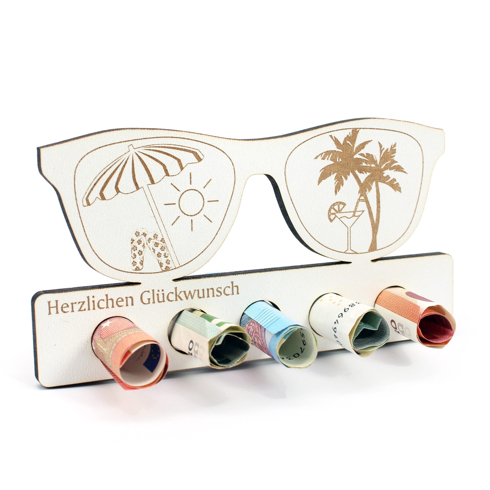 Dekolando Geschenkkarte Geschenk Geldgeschenk für Urlauber HDF Holzschild mit 5 Geldschein-Hal