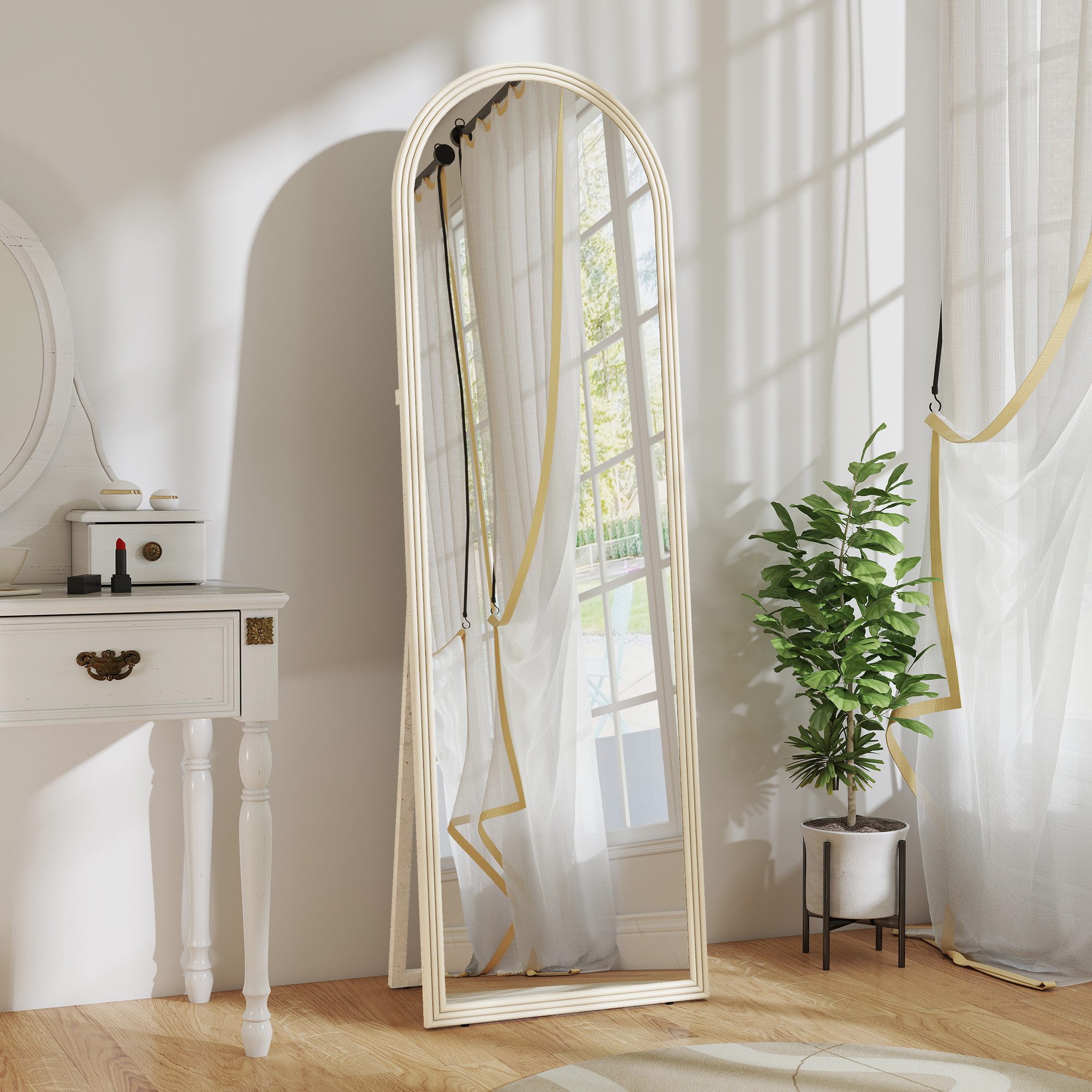 HOMCOM Standspiegel Bogen Ganzkörperspiegel mit Steinoptik, Wandspiegel zum Stehen (Stehspiegel, 1-St., Standspiegel), für Wohnzimmer, Schlafzimmer, Weiß