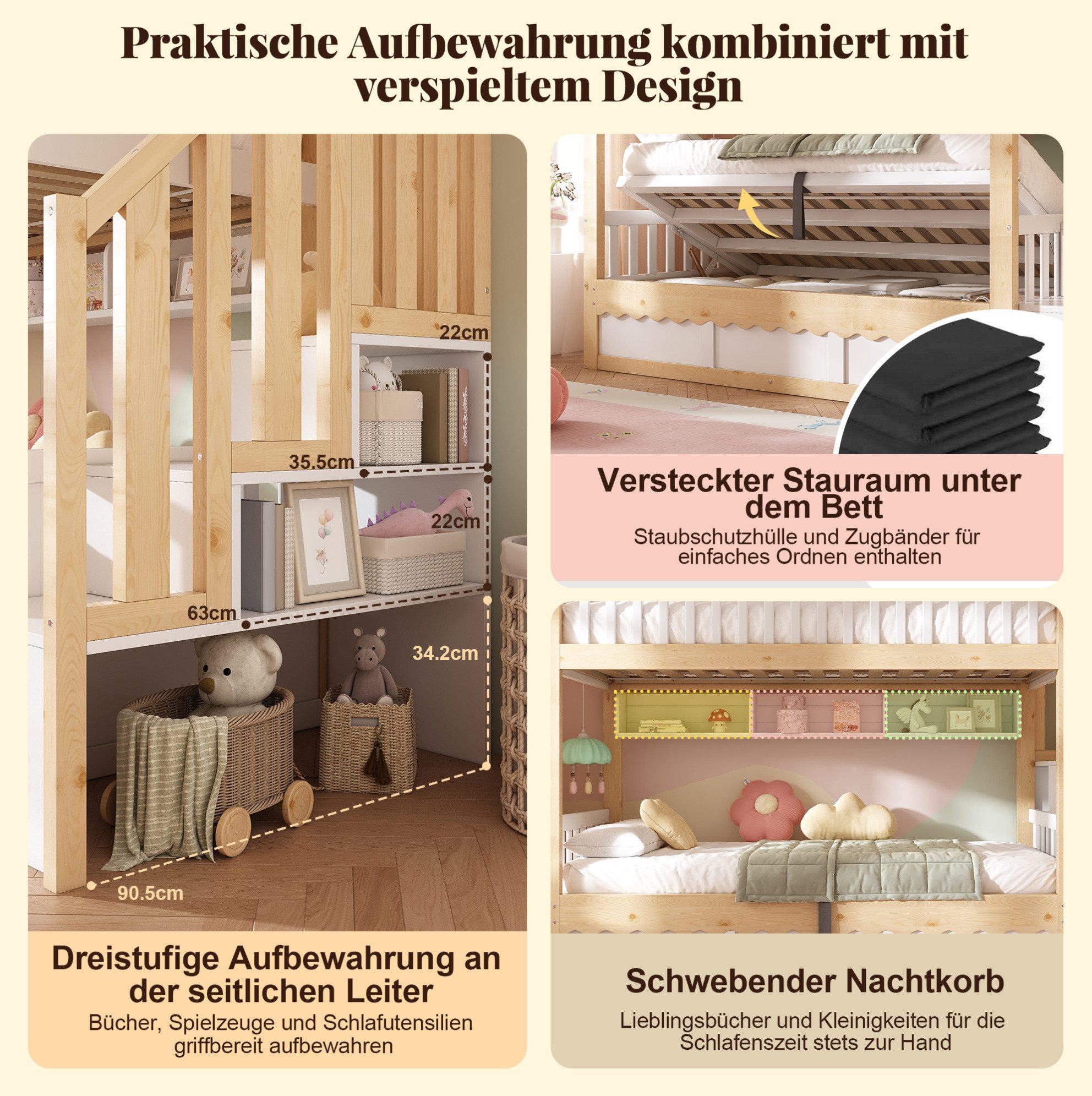 MODFU Etagenbett Kompaktes Kinder-Hochbett – 252×98×170 cm mit Stauraum & Treppe (Packung, Weiß+Eiche, ohne Matratze, für Kinderzimmer & Gäste), 2×90×200 cm, Regale, Hydraulik, sicher