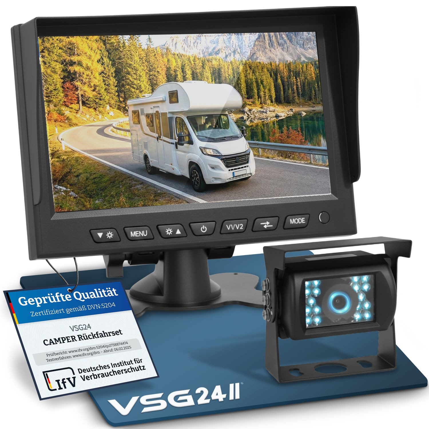 VSG24 7" Rückfahrsystem CAMPER für Wohnmobile inkl. Monitor, Kabel und 1 x Rückfahrkamera (Nachtsicht 12V-24V Wasserdicht Einfache Montage für Wohnwagen LKW)