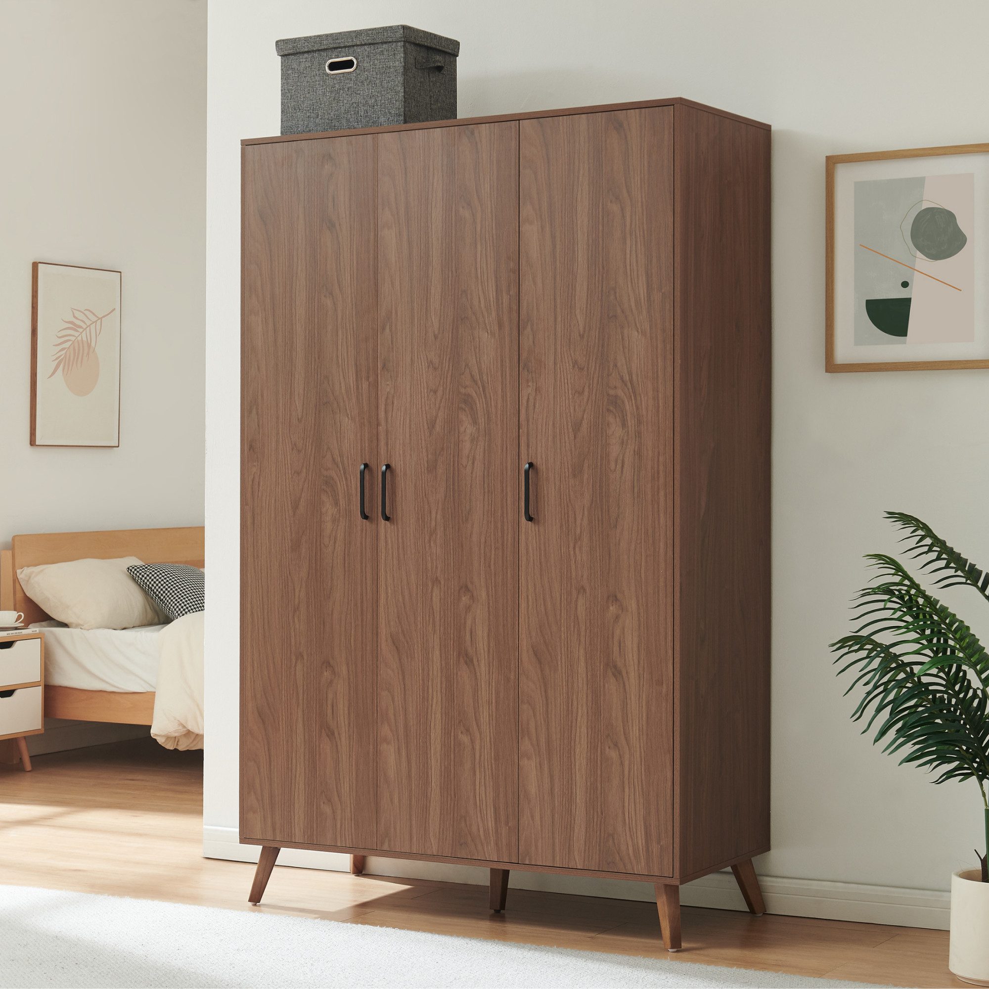 en.casa Kleiderschrank »Norg« 191 x 120 x 52 cm 3 Türen 1 Stange 4 Fächer Walnussoptik