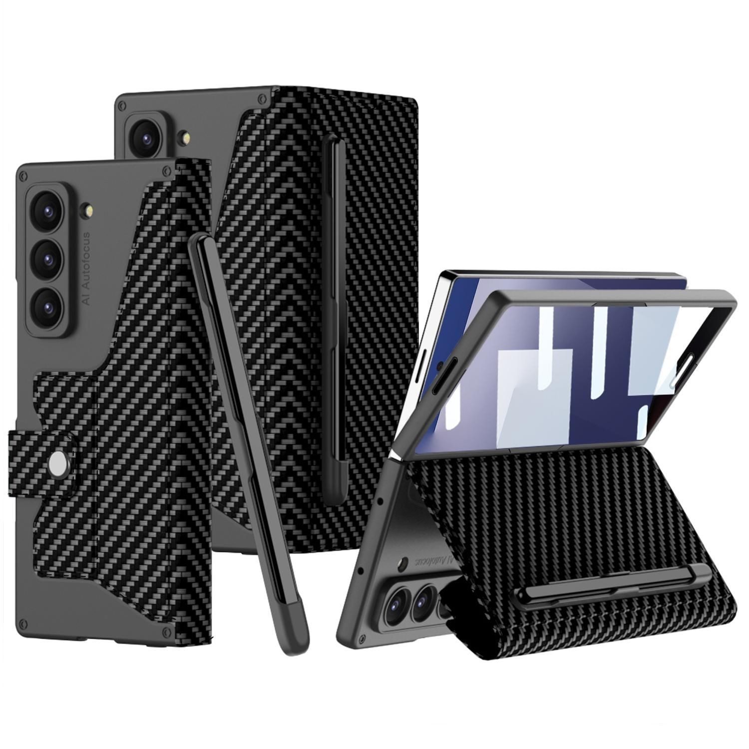 Wigento Handyhülle Für Samsung Galaxy Z Fold7 5G GKK Flip Leder Hülle Stifthalter Carbon, Flip Leder Hülle mit integriertem Stifthalter