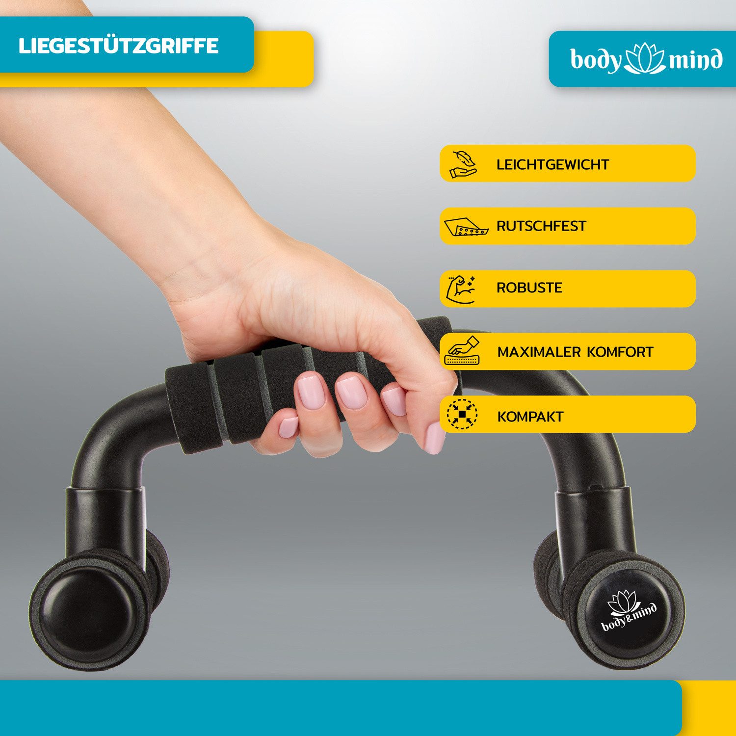 Body & Mind Liegestützgriffe BODY & MIND Fitnesstraining-Liegestützgriffe – Handgelenkschonende (Kompakte Trainings-Griffe, Fitness-Rack), für Ganzkörper-Training