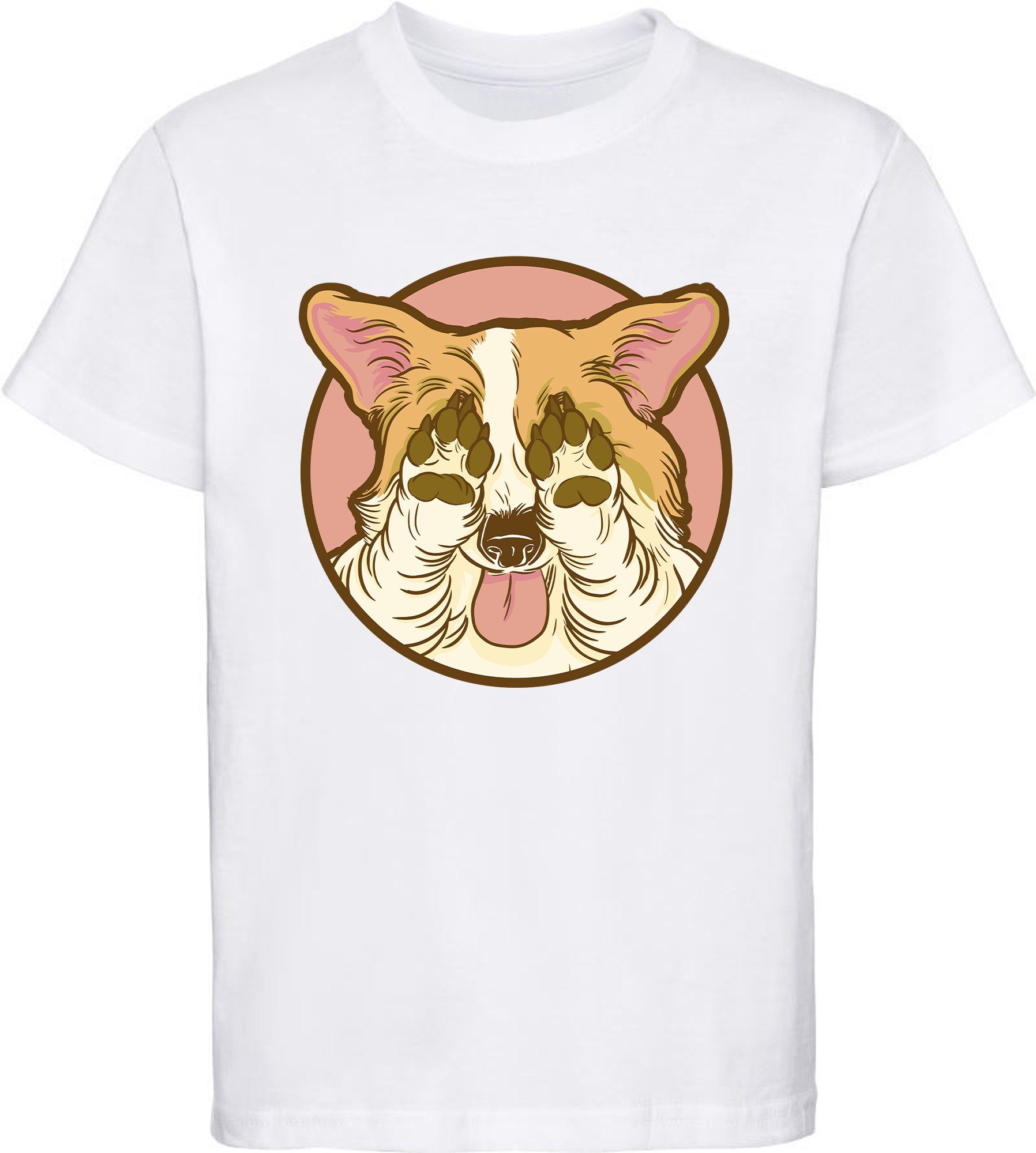 MyDesign24 Print-Shirt bedrucktes Kinder Hunde T-Shirt - Corgi der seine Augen zu hält Baumwollshirt mit Aufdruck, i226 weiss