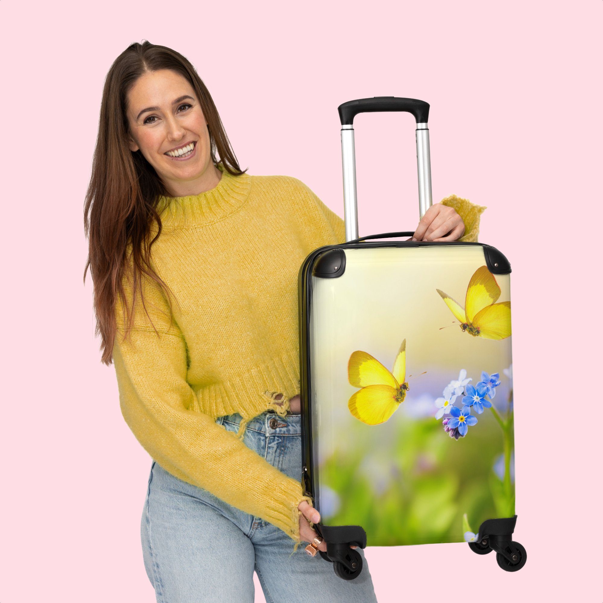 Botanisch Kleine NoBoringSuitcases.com© - Rollkoffer Schmetterling - Gelb Handgepäckkoffer Rollen, Blumen - Reisekoffer Natur, Cabin 4 55x35x20cm - mit Rollen - 4 Trolley Handgepäck