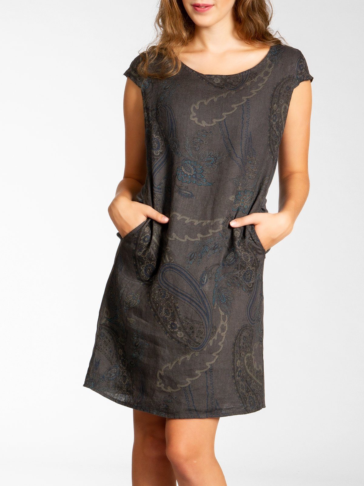Caspar Sommerkleid SKL022 Damen Sommer Leinenkleid mit Paisley Print bis Größe 50 Luftig leicht, figurumspielende Form, mit seitlichem Jersey-Einsatz