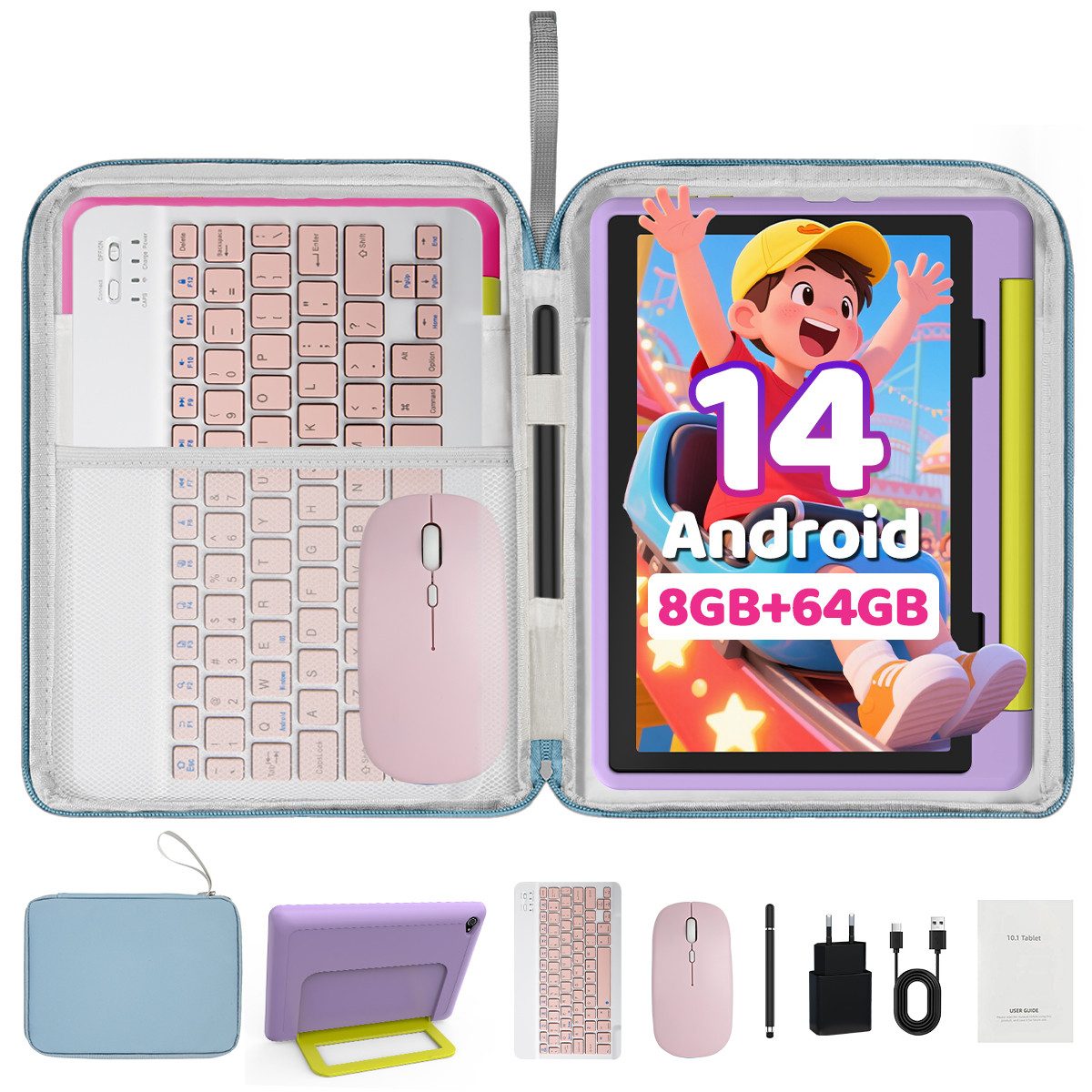 BUFO 10'' Android 14 Octa Core 64GB 1280x800 HD IPS WiFi 6 Lern Kinder Tablet (10", 64 GB, Android 14, 5G WiFi, Elterliche Kontrolle, mit Tastatur, Stift, Maus und Tasche)