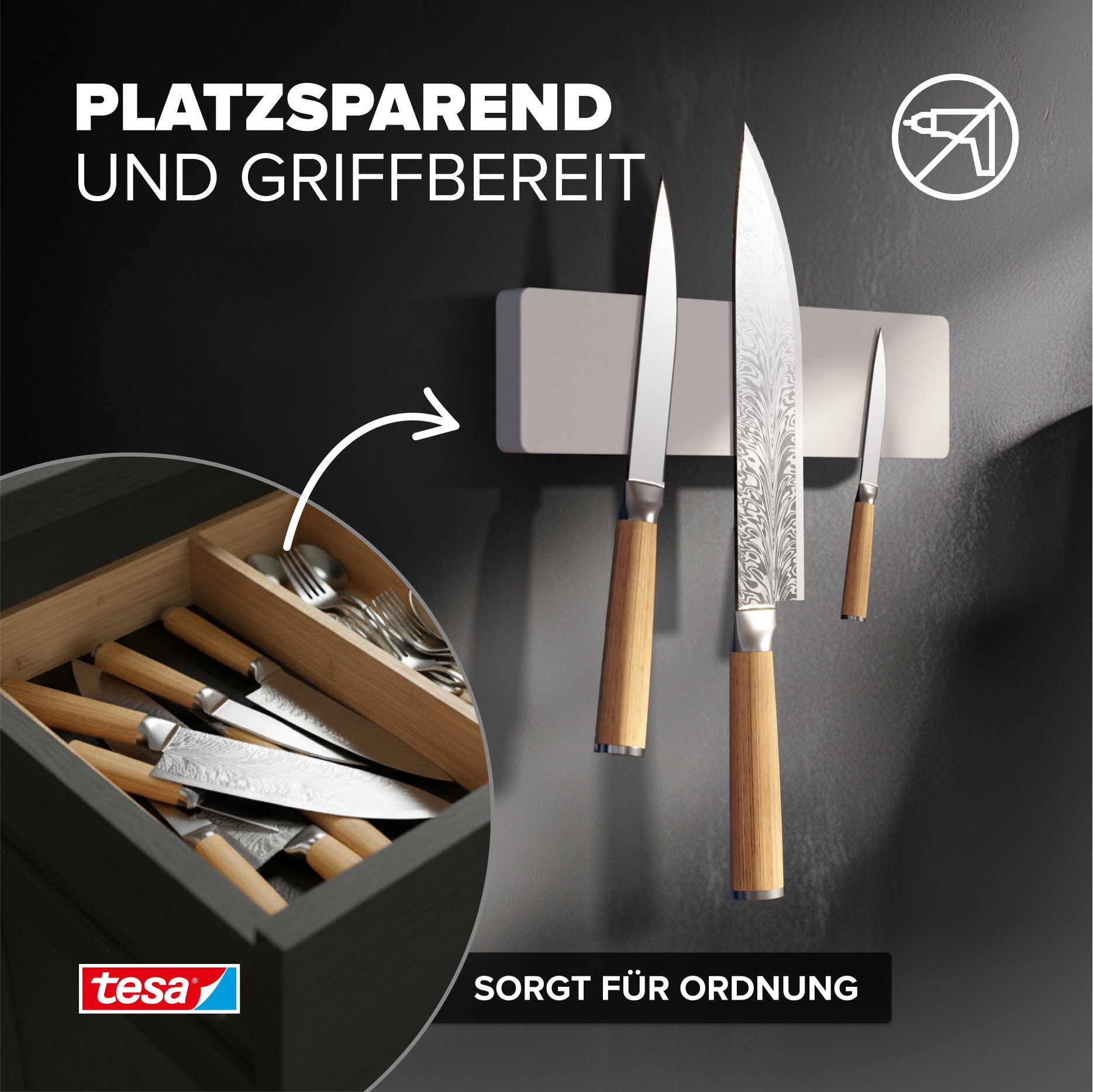 tesa Magnet-Messerblock Messer Magnetleiste Messerhalter Küche, selbstklebend ohne Bohren (2tlg), Magnetisch, platzsparend, Wandmontage klebend, sicherer Halt, Weiß