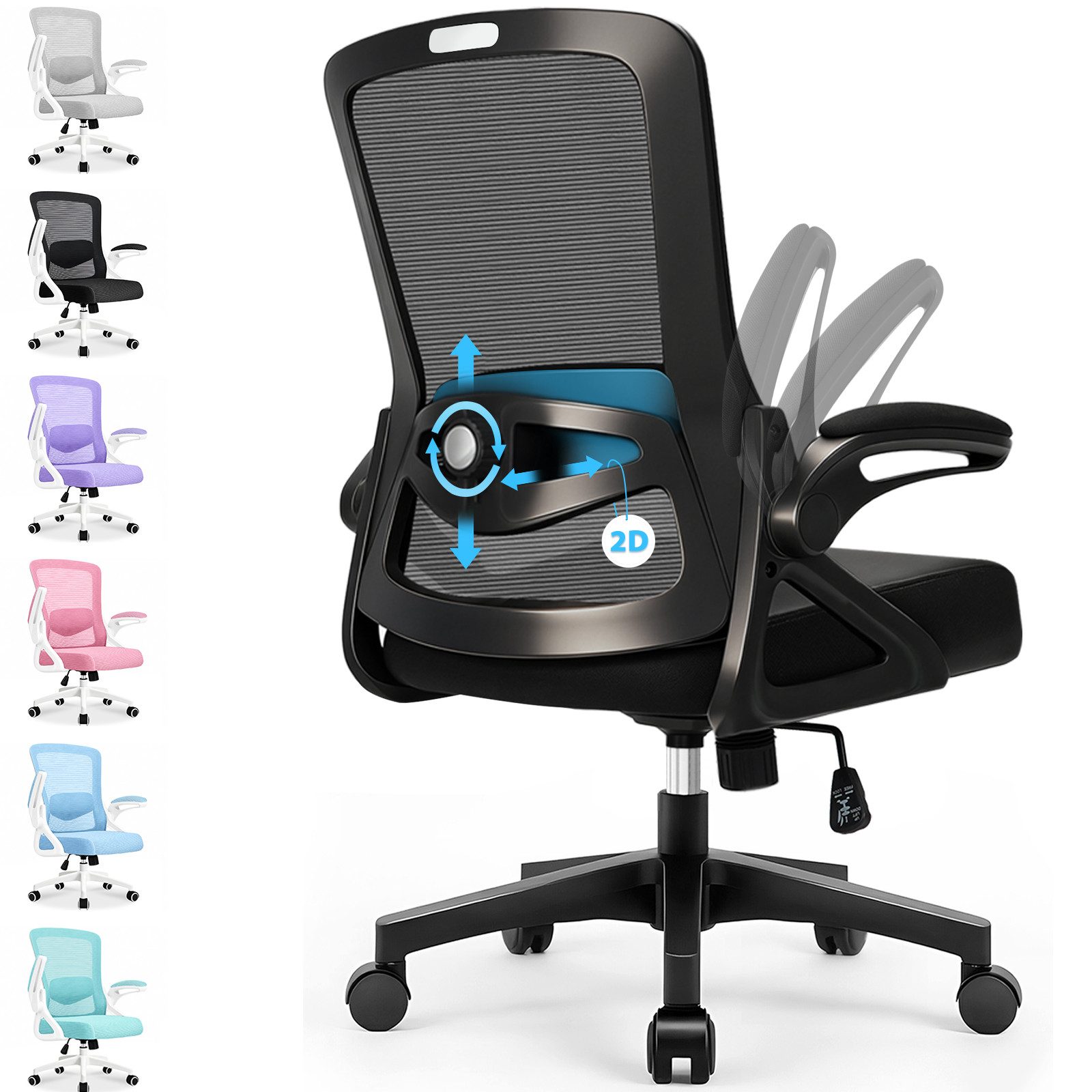 Hoolamyie Bürostuhl Schreibtischstuhl mit klappbaren Armlehnen & 2D-Lendenstütze (Homeoffice Stuhl,Bürostuhl ergonomisch,Ergonomischer Drehstuhl mit gepolsterten Klapparmlehnen, leisen Rollen & Höhenverstellung), Atmungsaktiver Mesh-Rücken, Lendenstütze, Wippfunktion, platzsparend