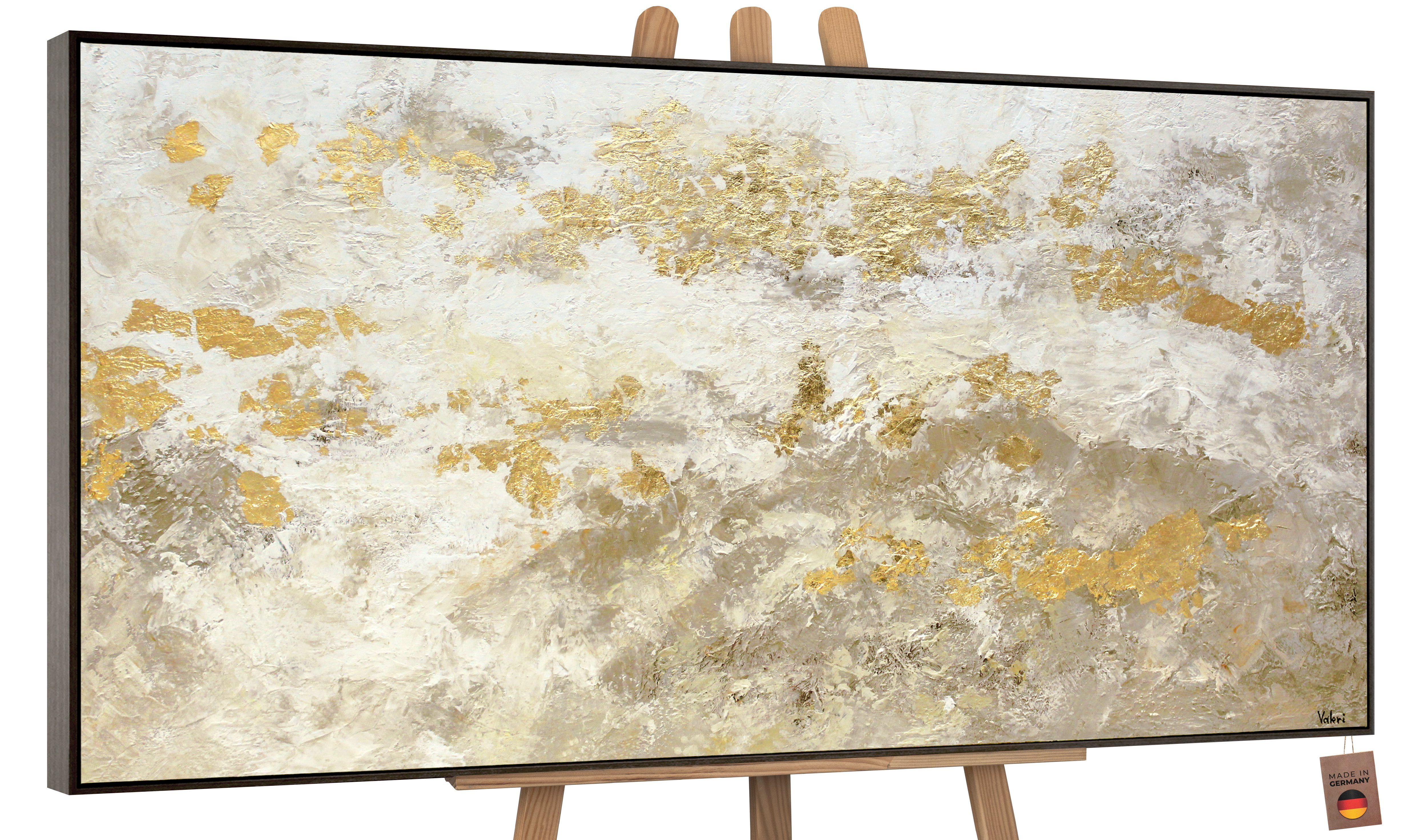 YS-Art Gemälde Glänzendes Gold, Abstraktion, Leinwand Bild Handgemalt Abstrakt Gold Gelbe Beige Mit Rahmen in Grau