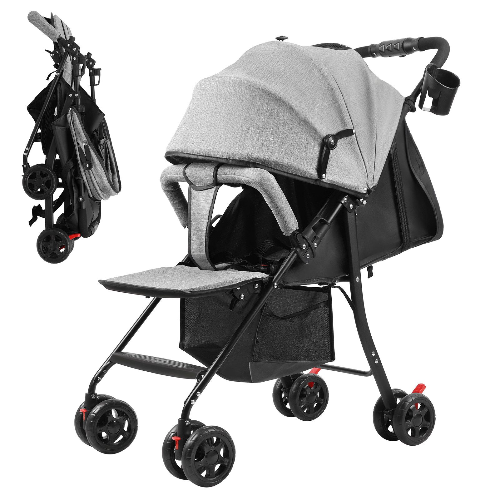 Kinder-Buggy Baby Kinderwagen bis 10 Kg, 0-2 Jahre, Zusammenklappbar, Grau