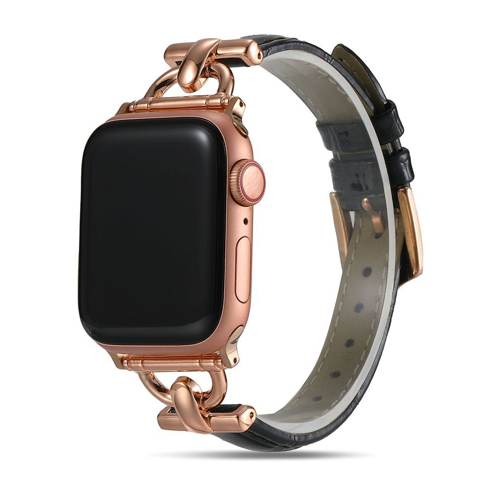 GelldG Uhrenarmband Leder Armband Apple mit Armband Watch Armband, schwarz/roségold Schlank Kompatibel