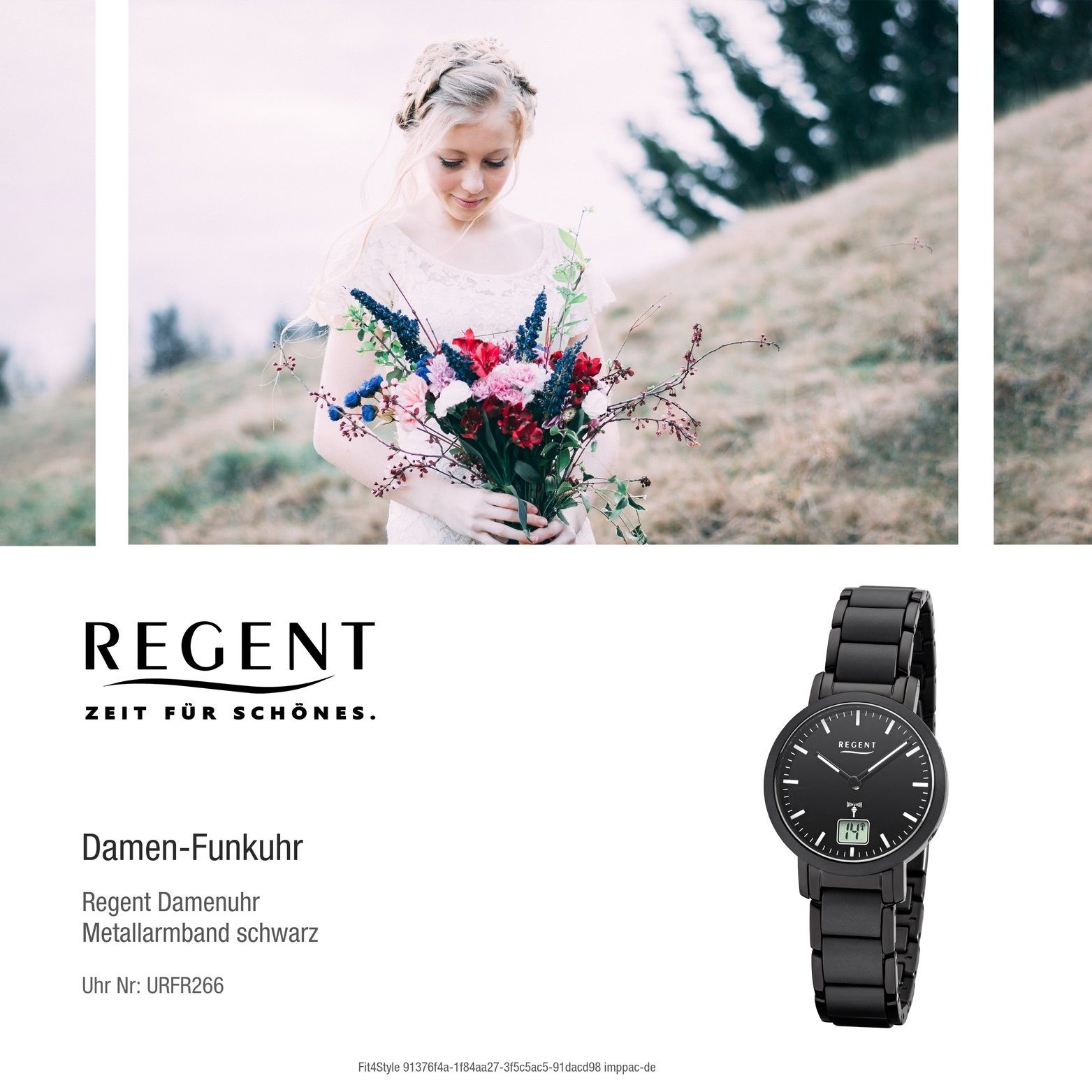 Regent Funkuhr Regent Metall Damen Damenuhr Uhr schwarz, (ca. klein 30mm) Gehäuse, Metallarmband rundes FR-266