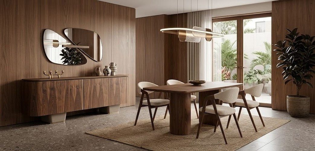JVmoebel Esszimmer-Set Esszimmer Set Braun Holz Textil Zeitlos Esstisch 4x Stühle Sideboard, (7-St., 1x Tisch, 4x Stühle, 1x Sideboard, 1x Spiegel)