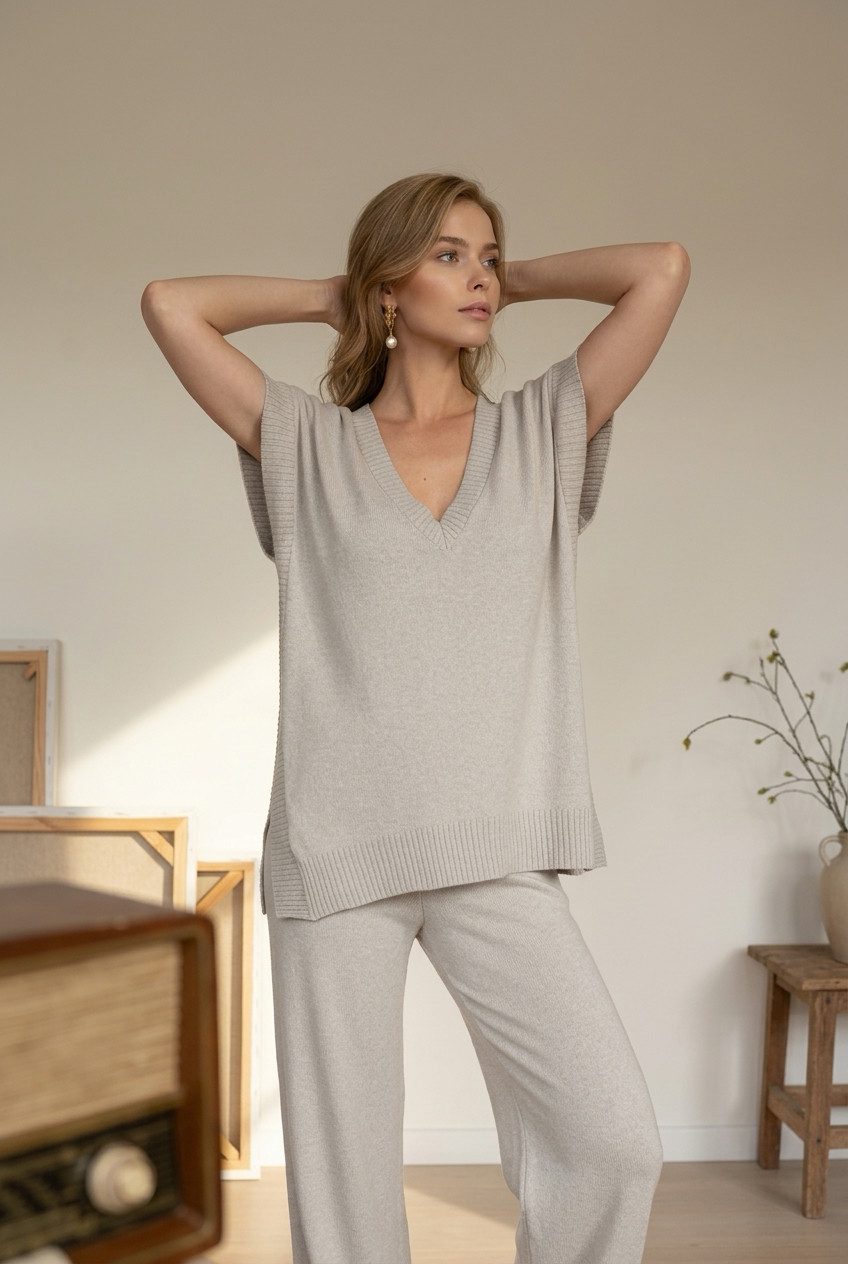 Zuckerwatte Longpullunder mit tiefem V-Ausschnitt, aus weicher Merino Cashmere Mischung