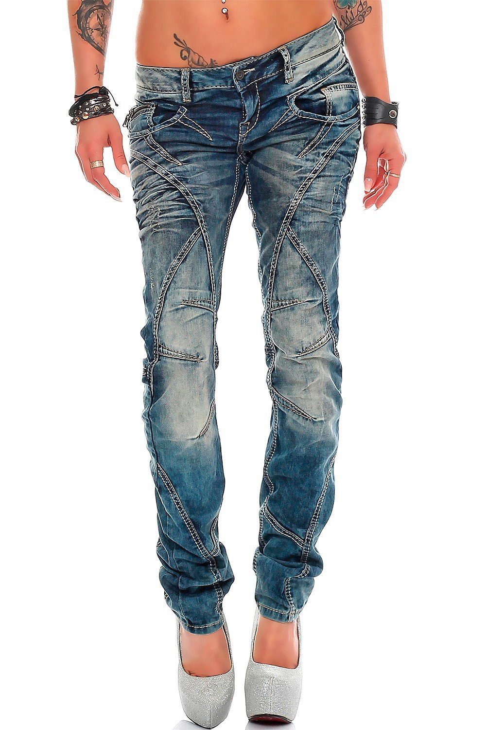 Cipo & Baxx 5-Pocket-Jeans Low Waist Hose BA-WD175 Stonewashed mit Destroyed-Effekten